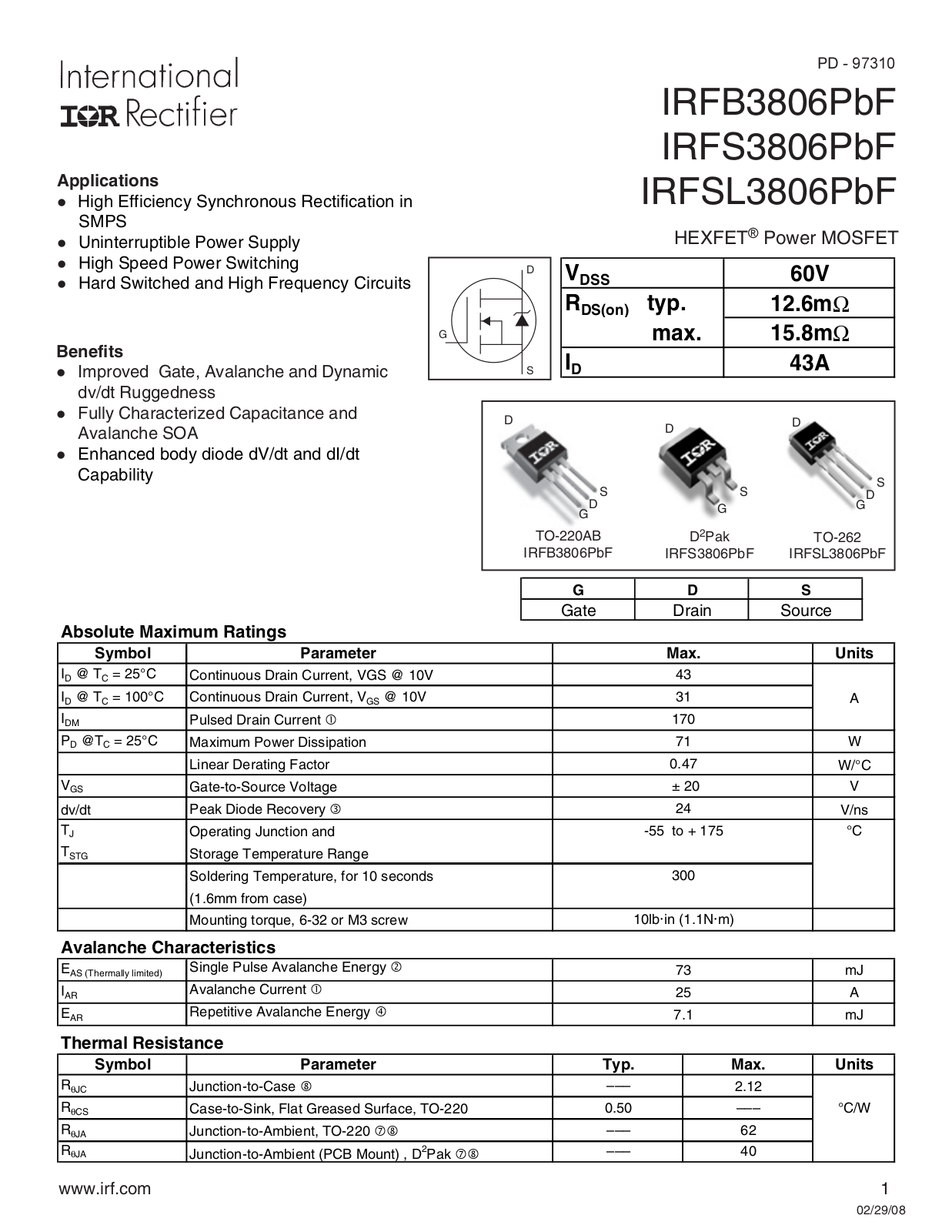 International Rectifier IRFSL3806PBF, IRFB3806PBF Datasheet