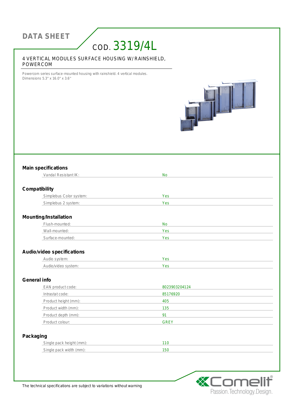 Comelit 3319-4L Specsheet