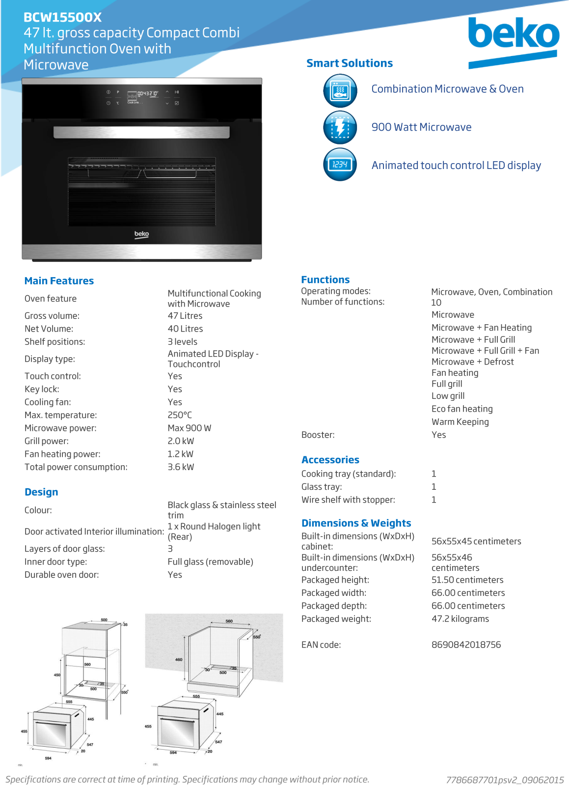 Beko BCW15500X Specifications Sheet