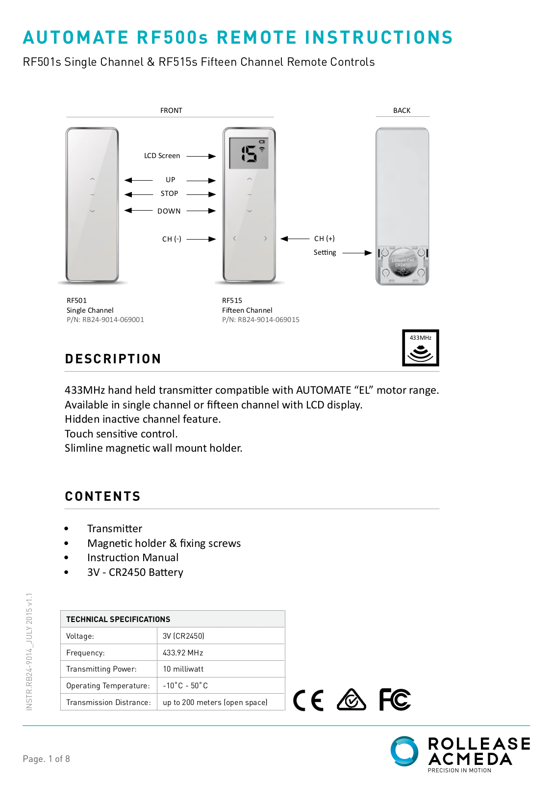 rollease acmeda automate RF501s, automate RF515s Instructions Manual