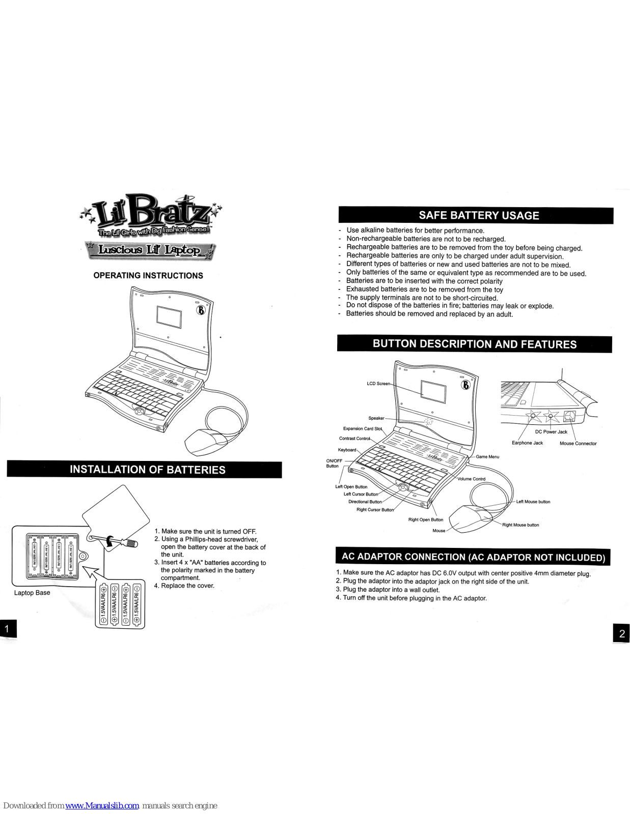 MGA Entertainment 272205, Luscious Lil' Laptop Operating Instructions Manual