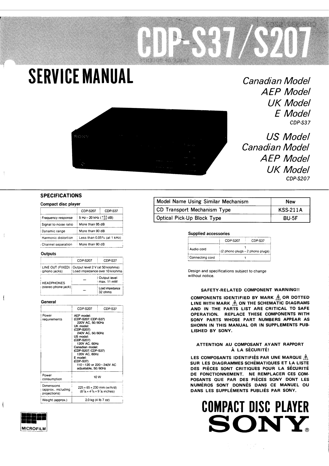 Sony CDPS-207, CDPS-37 Service manual