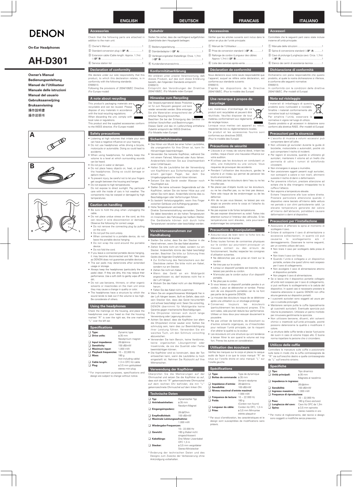 Denon AH-D301K, AH-D301 Owner's Manual