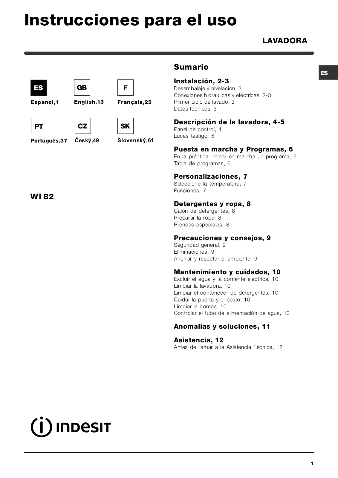 Indesit WI 82 (EX) User Manual