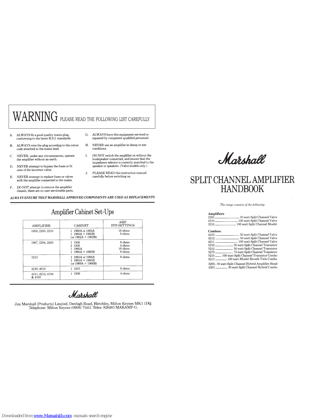 Marshall Amplification 2205, 2210, 5275, 5213, 3203 User Manual