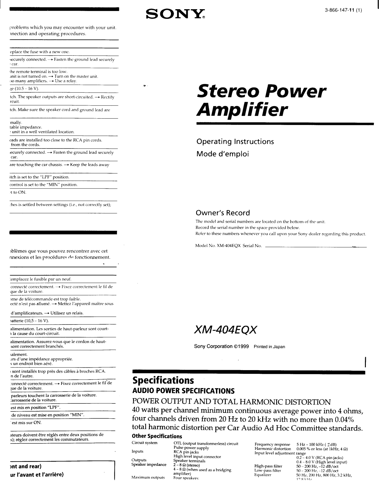 Sony XM-404EQX User Manual