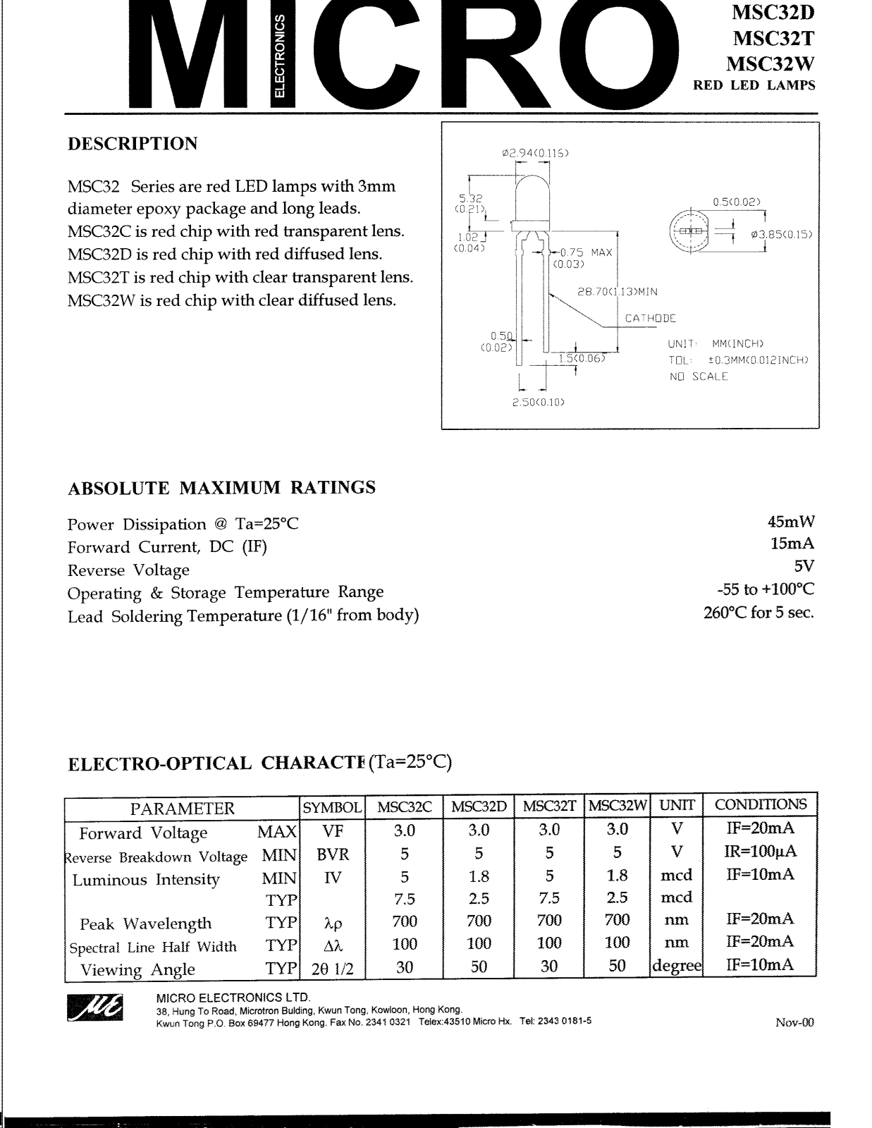 MICRO MSC32T, MSC32C, MSC32W, MSC32D Datasheet