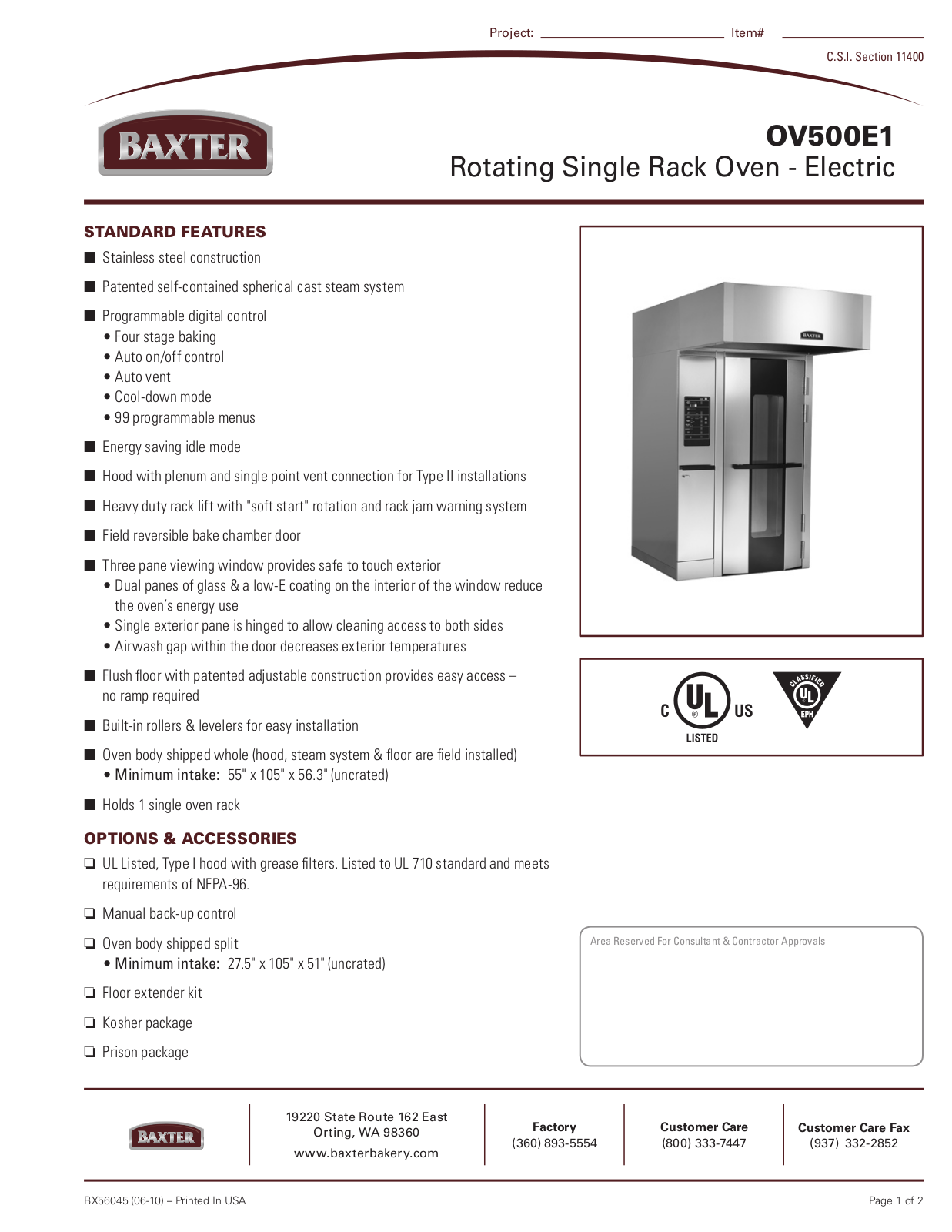 Baxter OVS00E1 Specifications