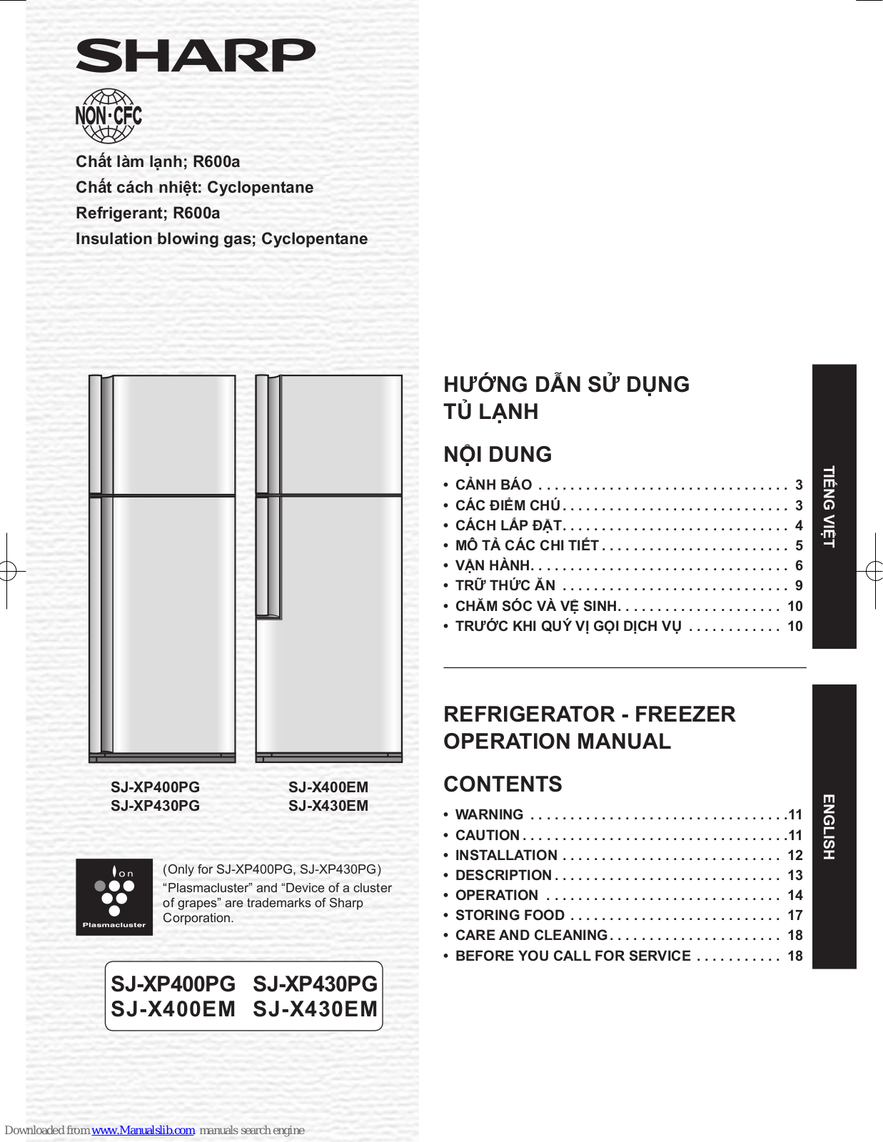 Sharp SJ-XP400PG,SJ-XP430PG,SJ-X400EM,SJ-X430EM Operation Manual