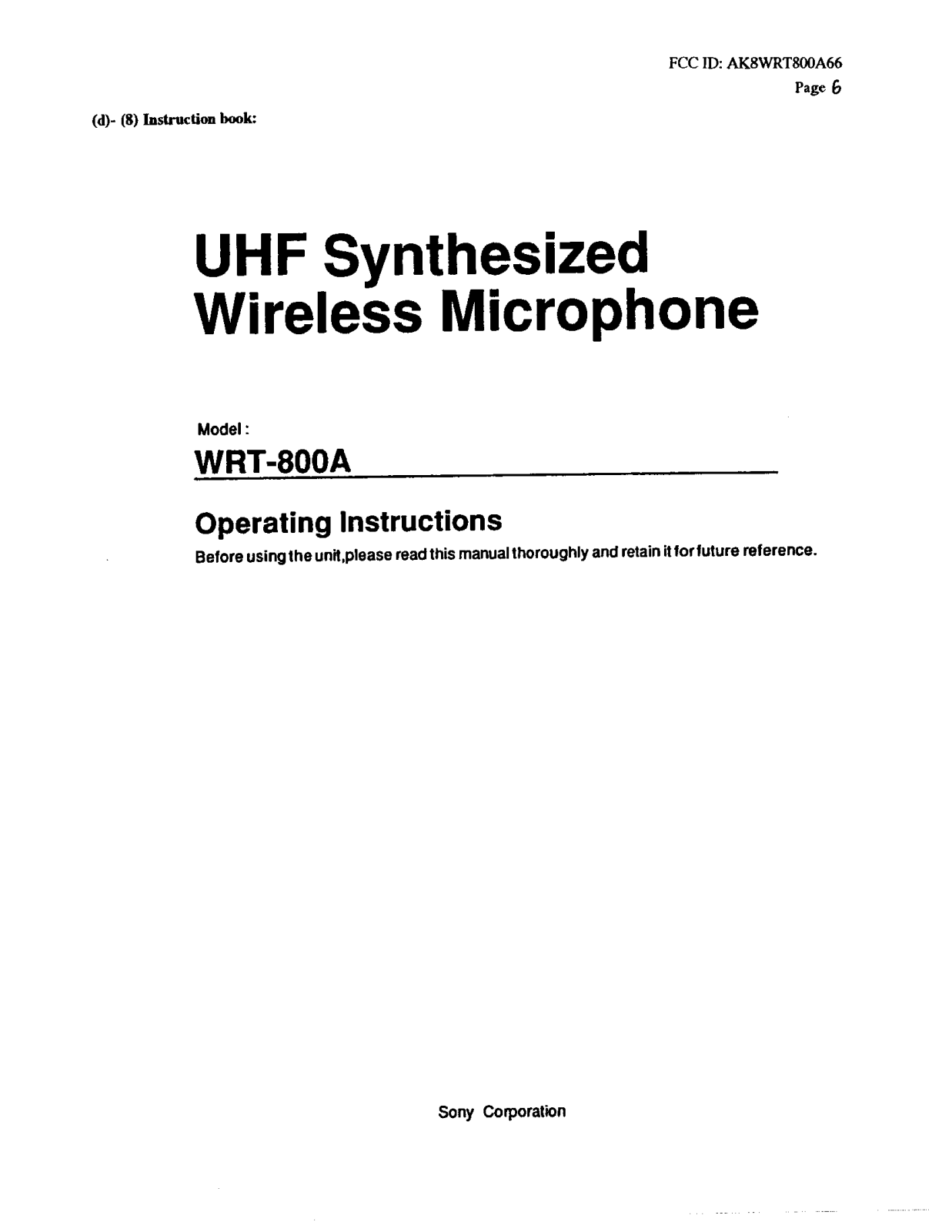 Sony WRT800A66 Users Manual