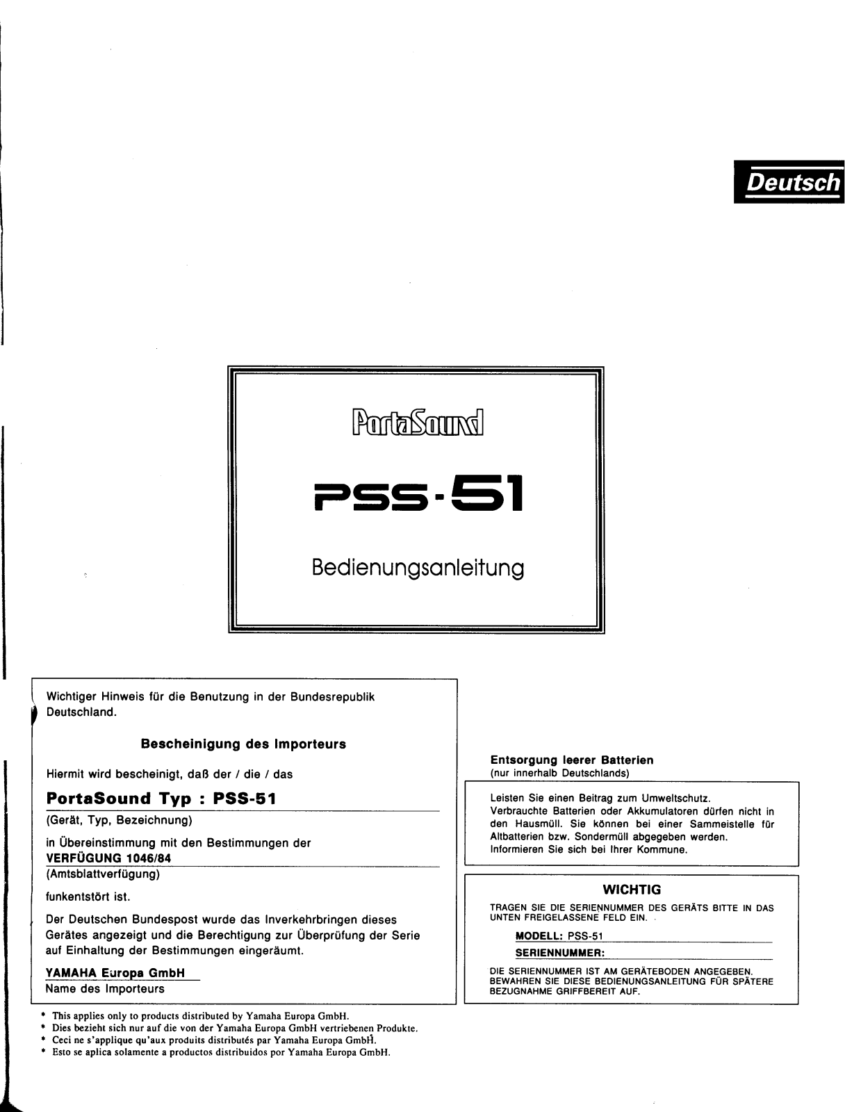 Yamaha PSS-51 User Manual