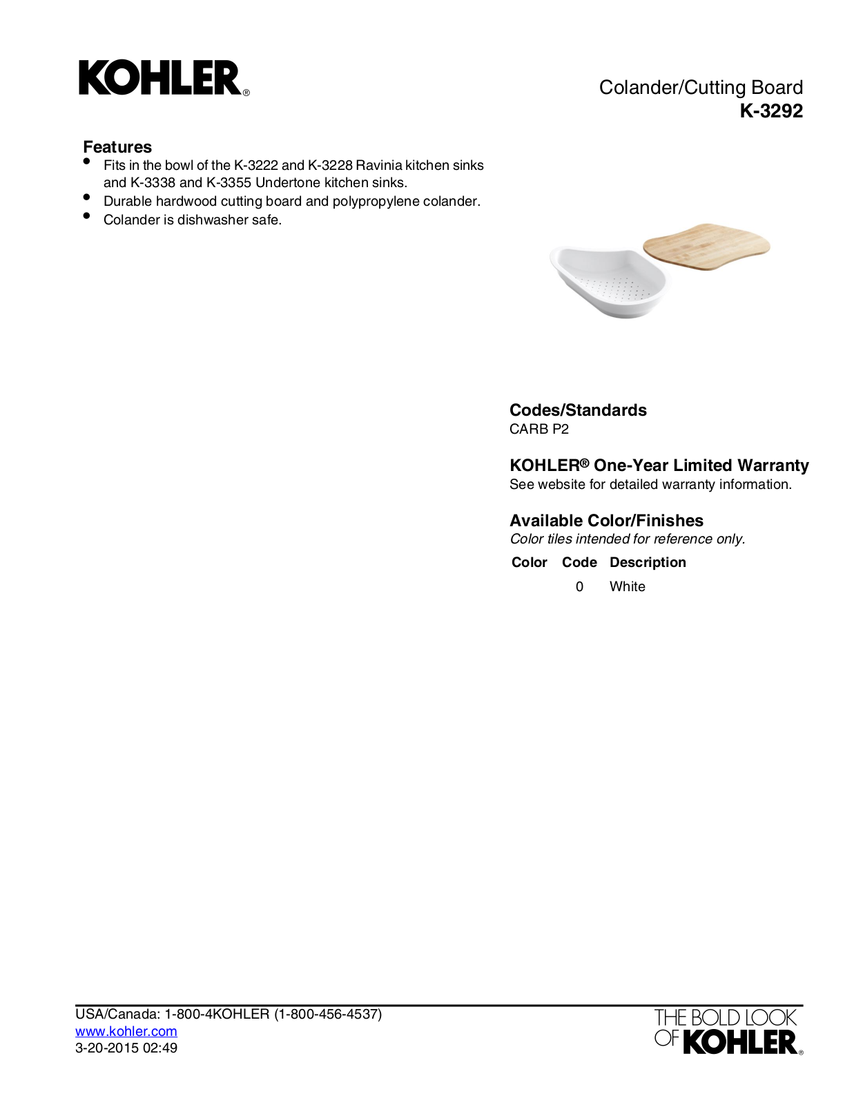 Kohler KOH2899 Specifications - ManualMachine.com