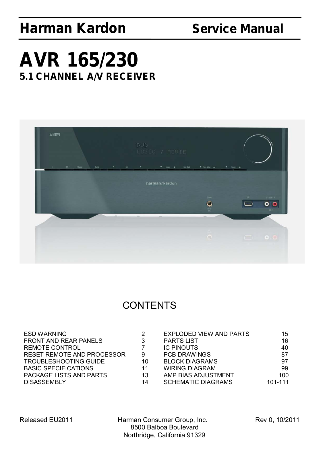 Harman Kardon AVR-165-230 Service Manual