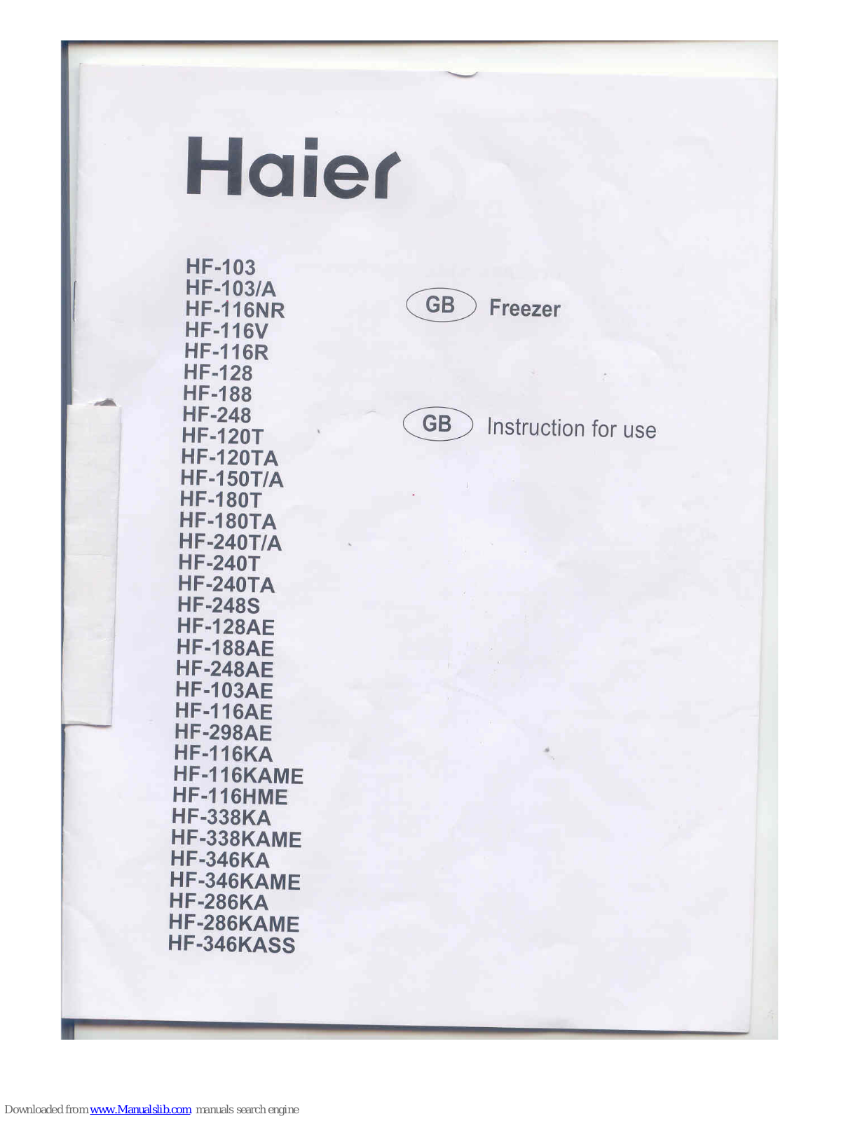 Haier HF-103/A, HF-116HME, HF-103AE, HF-116AE, HF-116KA Instructions For Use Manual