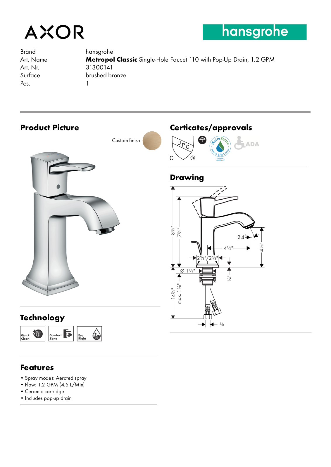 Hansgrohe GCDC1925 Specification - ManualMachine.com