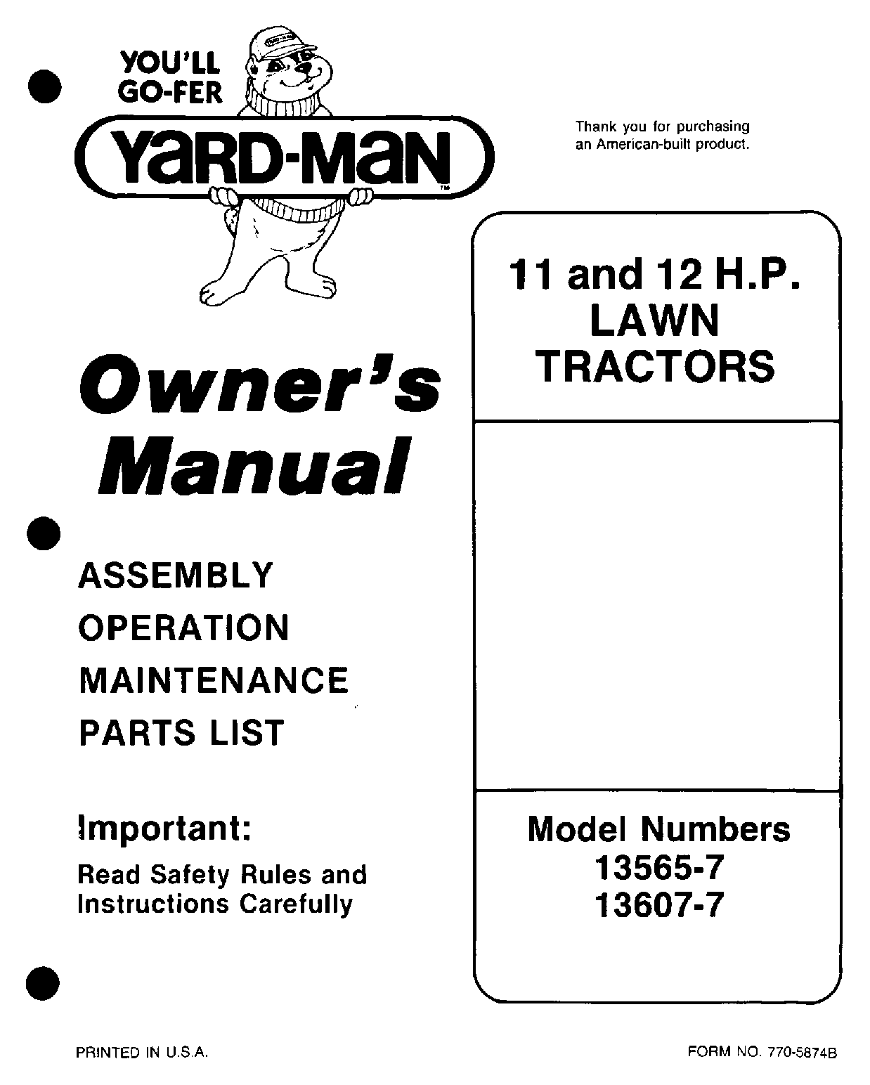 Yard-Man 13565-7, 135607-7, 13607-7 User Manual