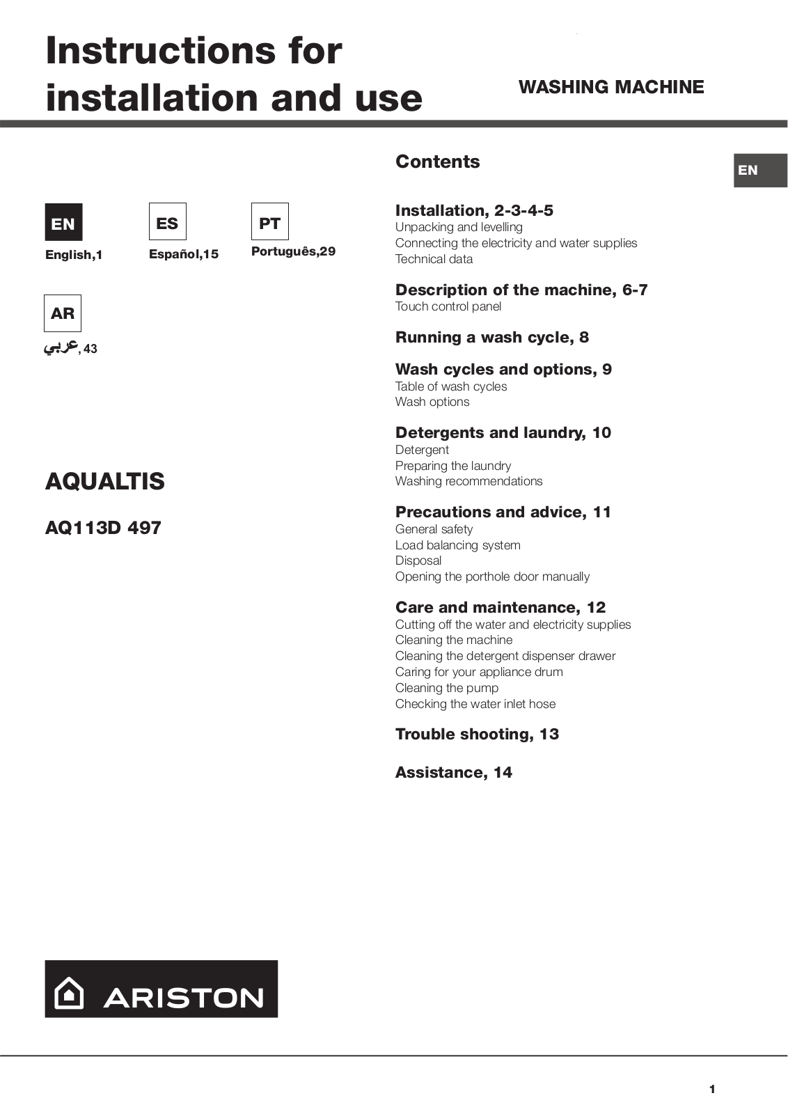 Hotpoint AQ113D 497 EX 60HZ User Manual