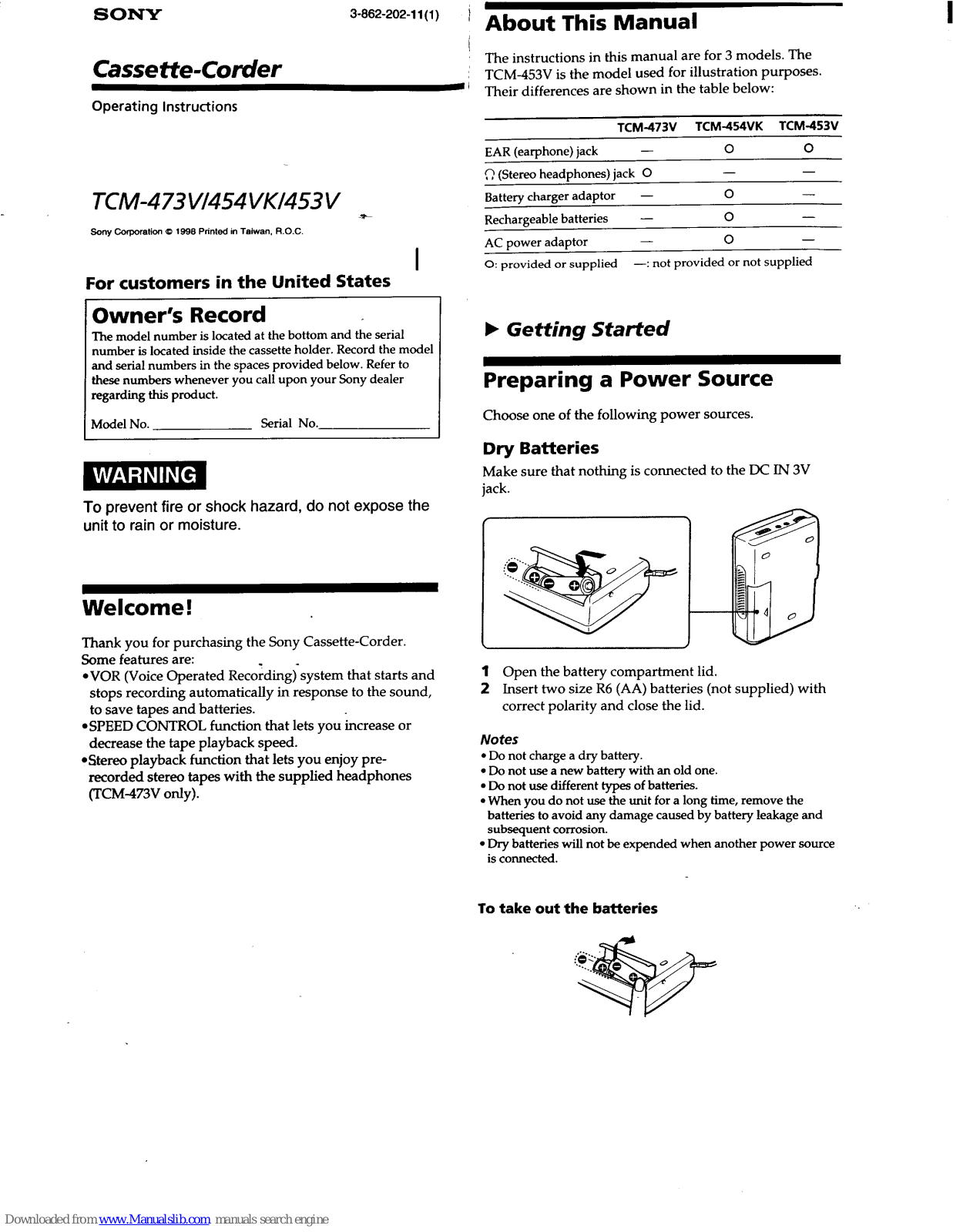 Sony TCM-453V Operating Instructions (primary manual), TCM-454VK, TCM-473V Operating Instructions Manual