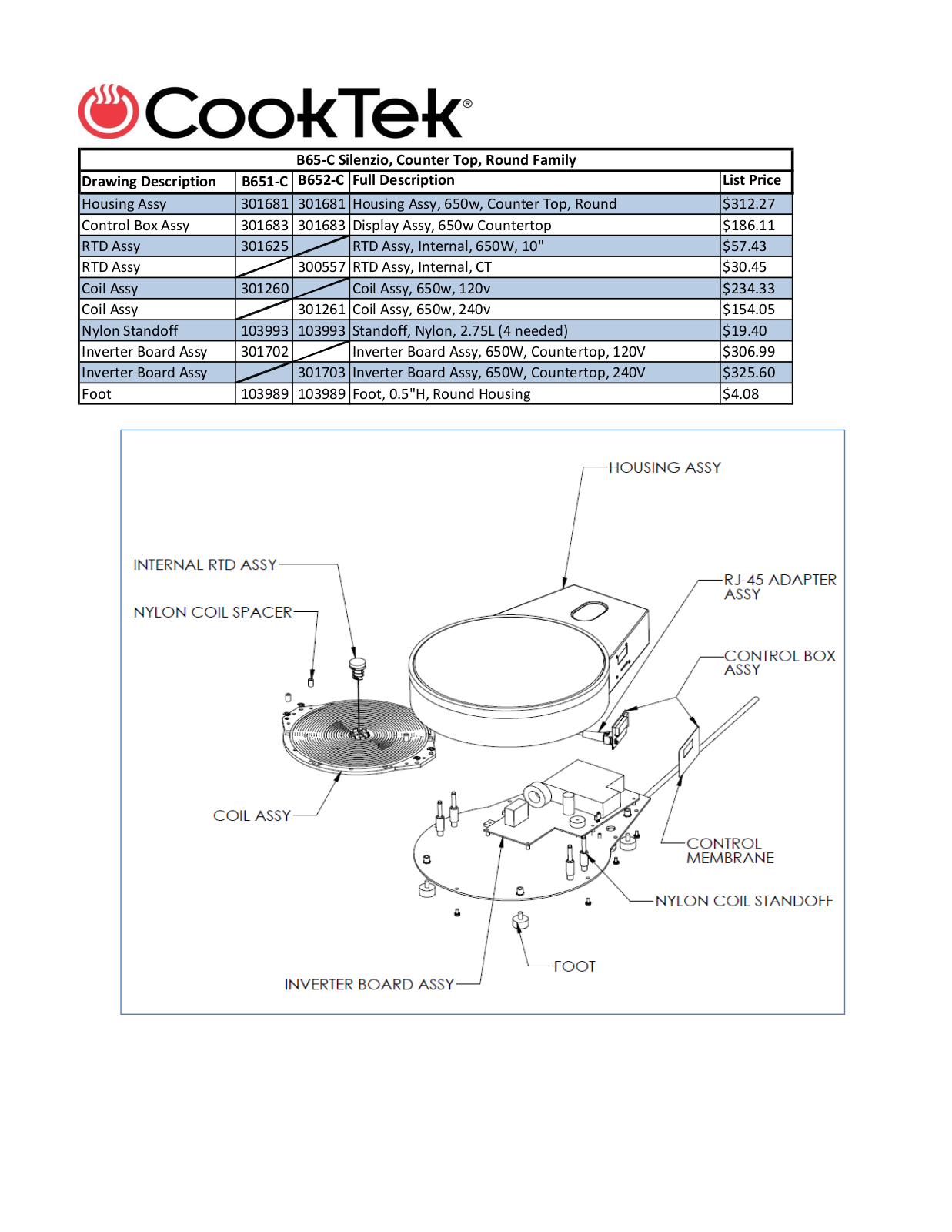 Cooktek B651-C Parts List