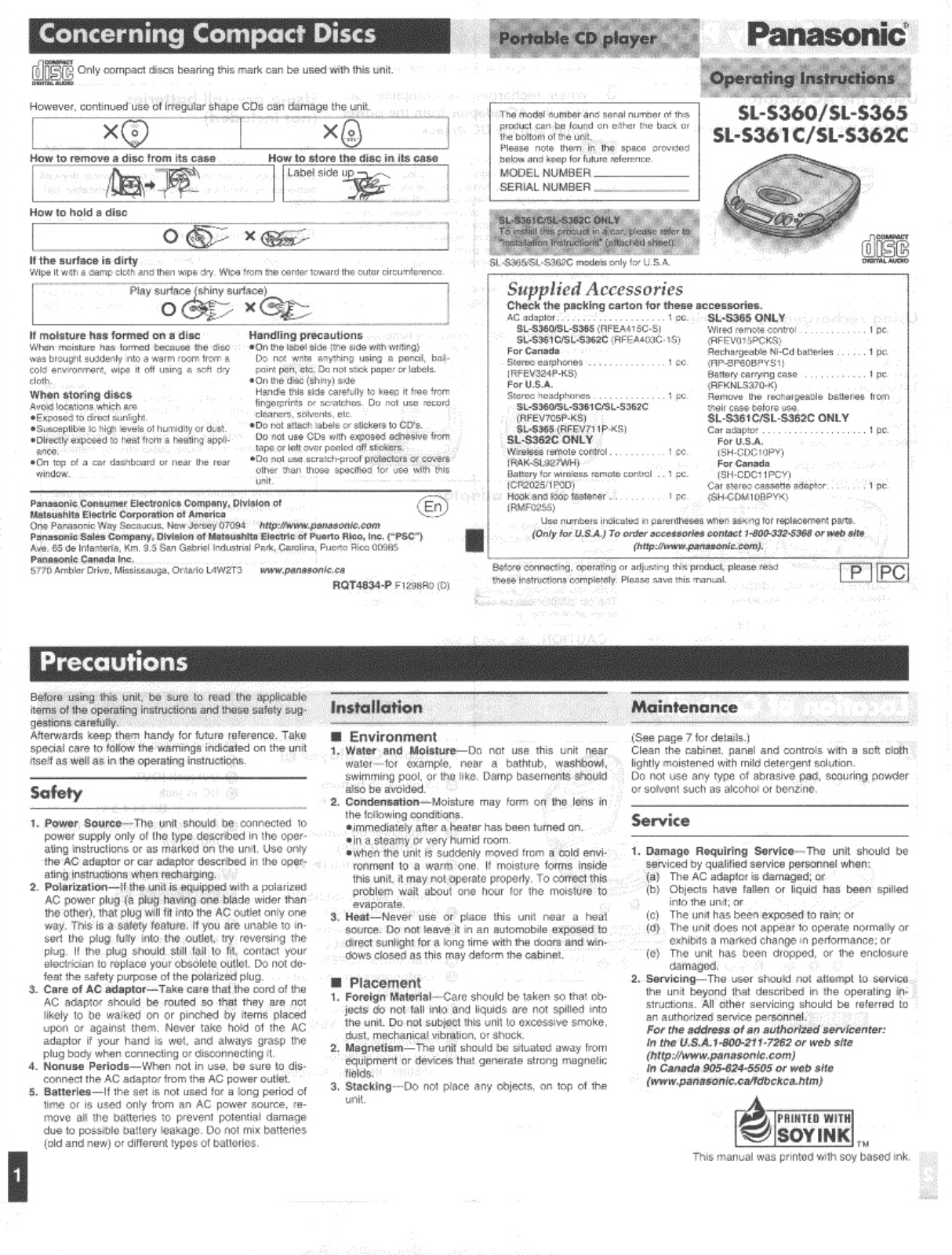 Panasonic SL-S361C, SL-S360, SL-S362C, SLS365 User Manual