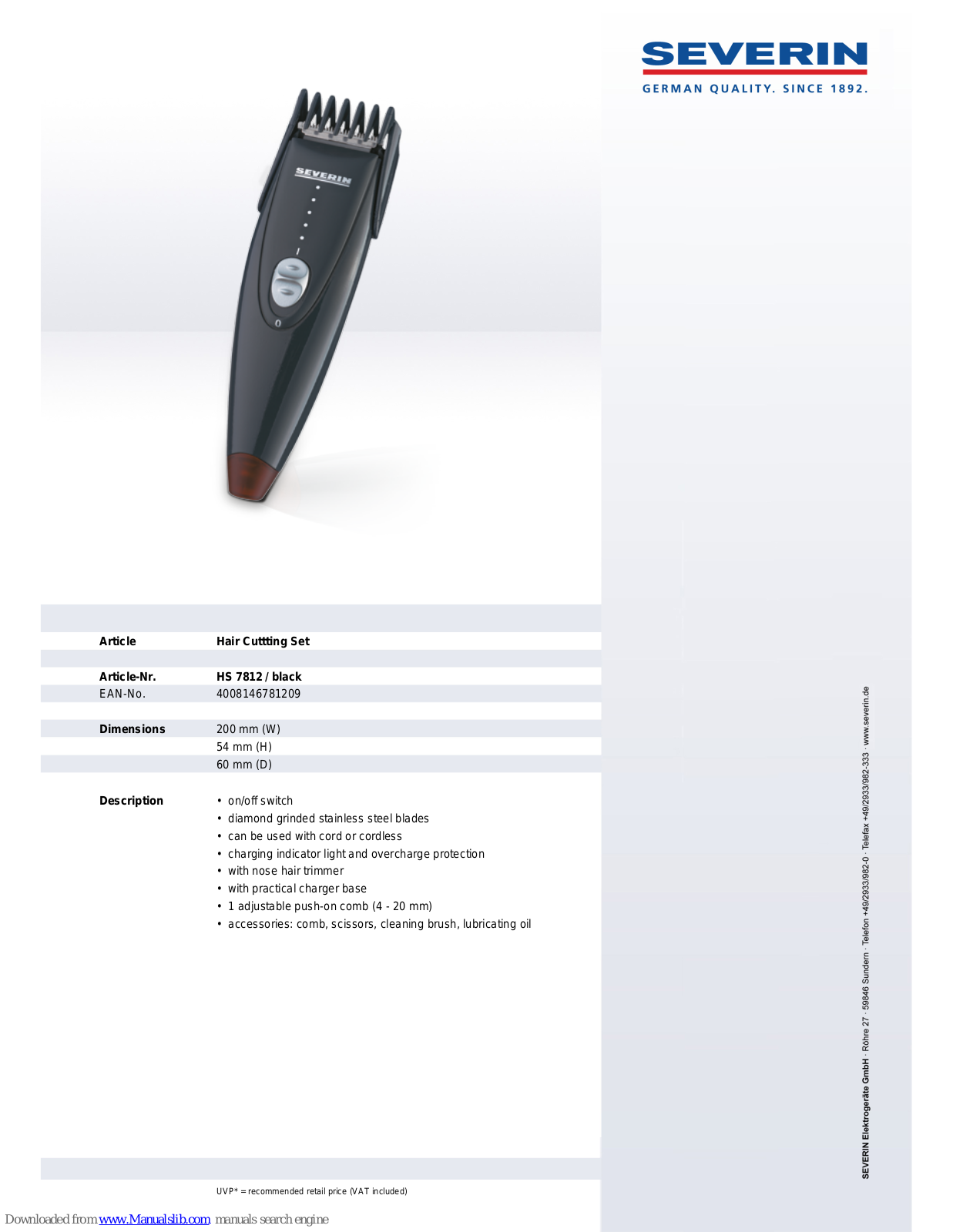 SEVERIN HAIR CUTTING SET - DATASHEET 2, HS 7812 Dimensions