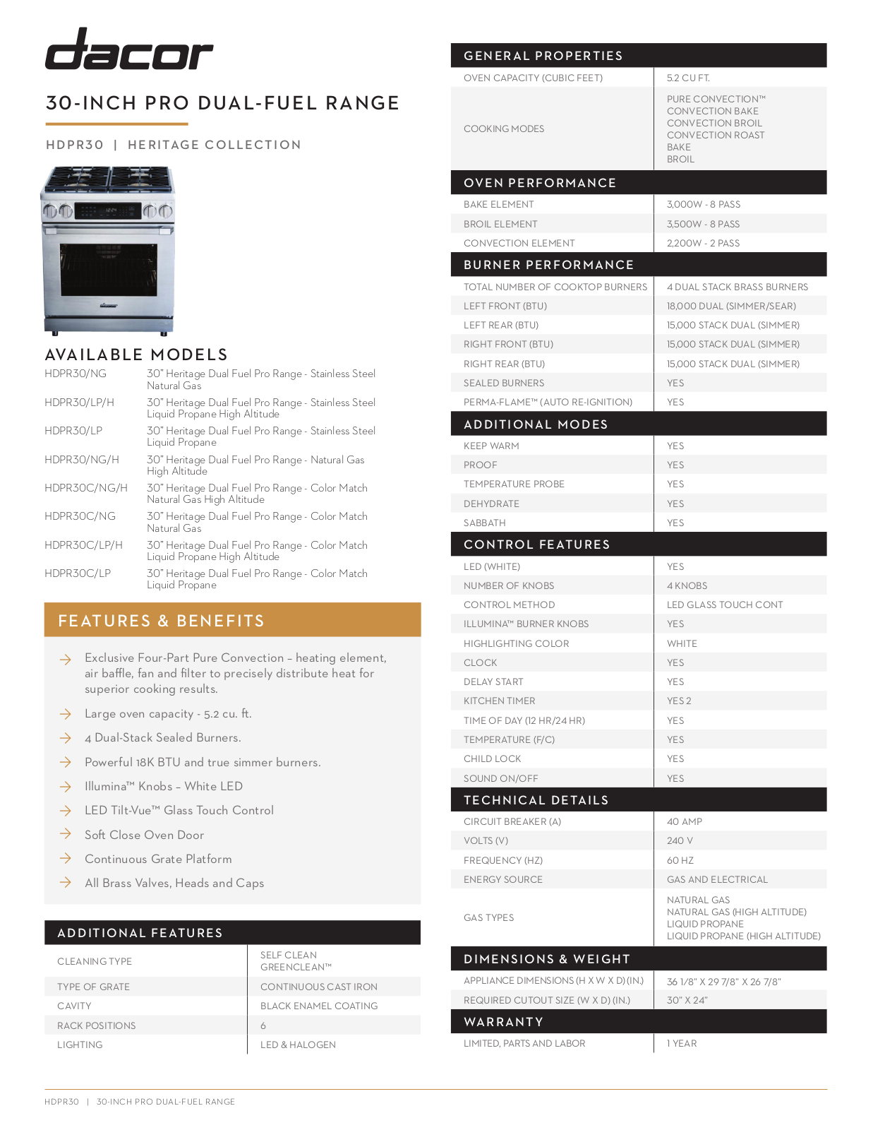 Dacor HDPR30CLP Specs