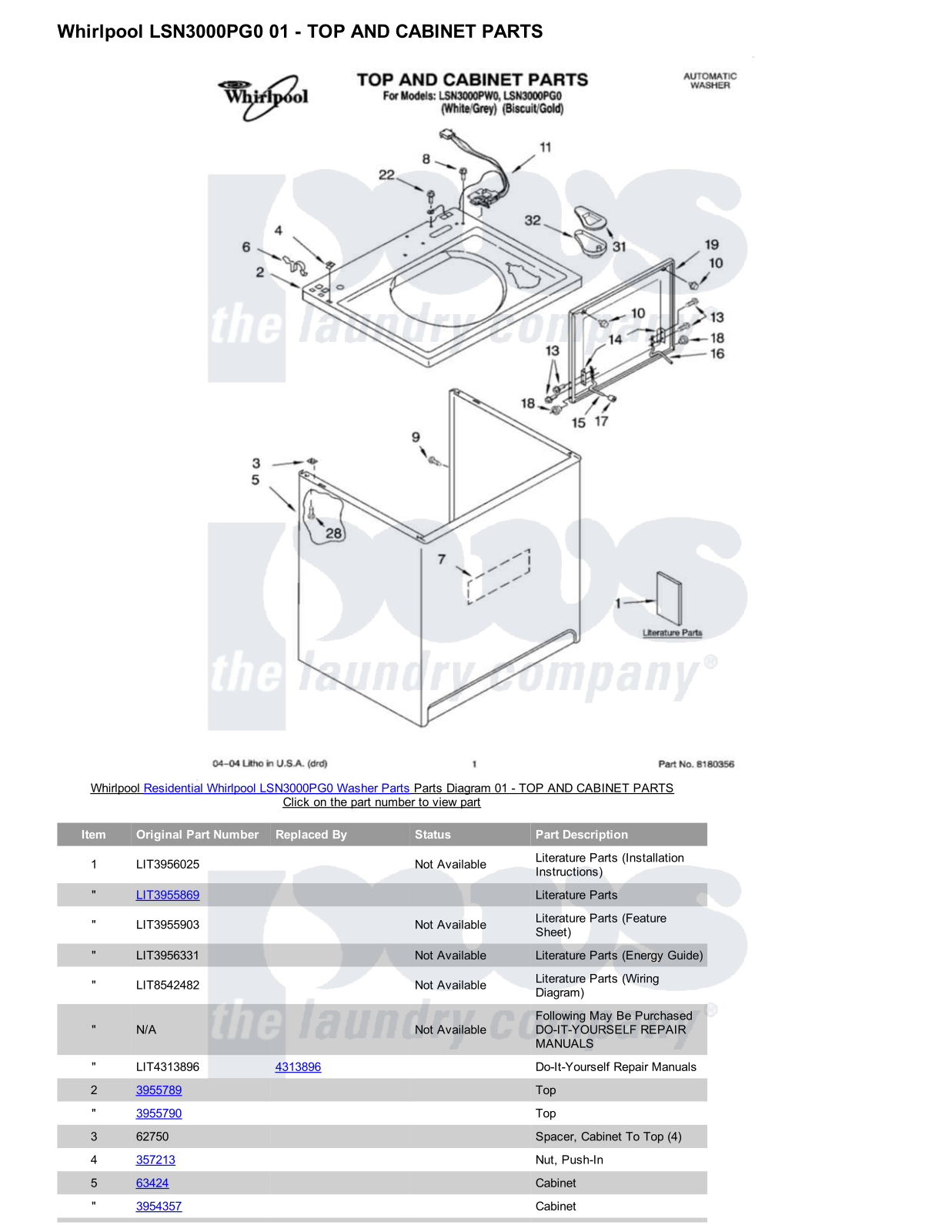 Whirlpool LSN3000PG0 Parts Diagram