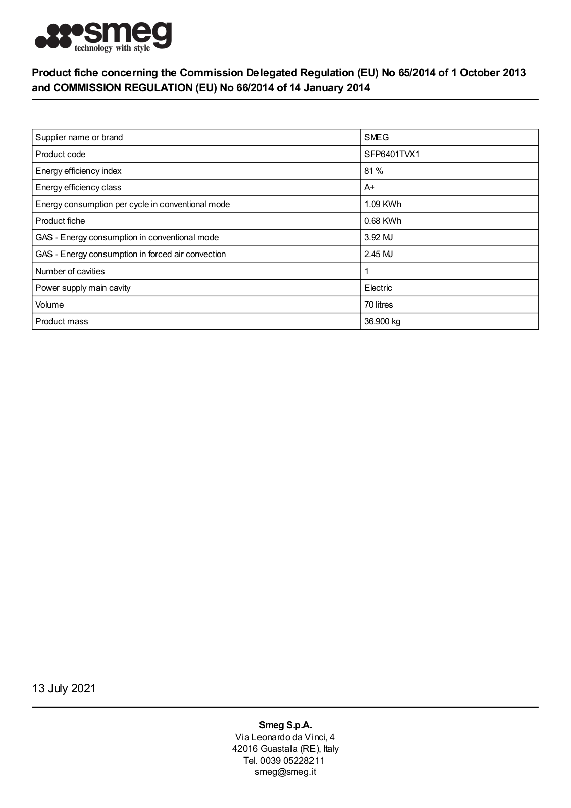 Smeg SFP6401TVX1 product information sheet