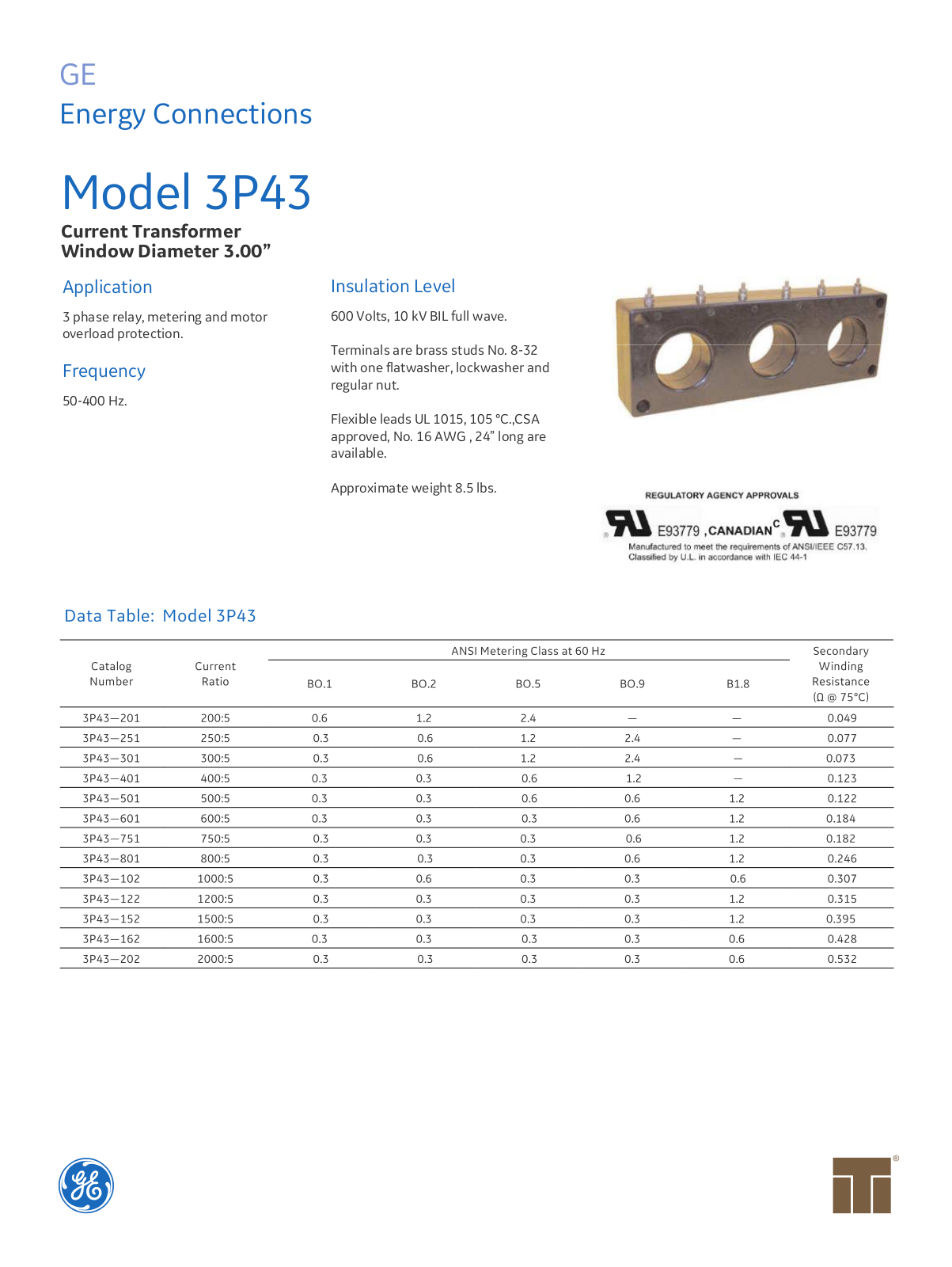 Instrument Transformer, Div of GE 3P43 Data Sheet