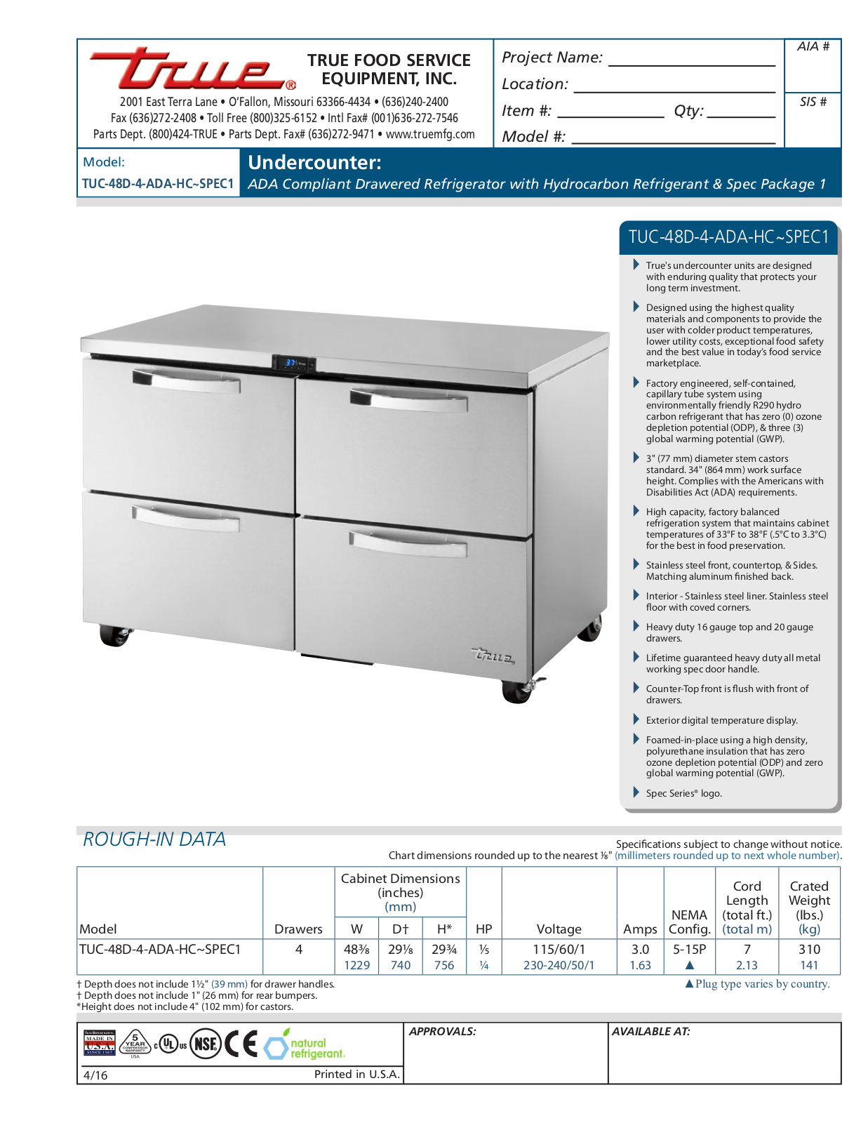 True TUC-48D-4-ADA-HC User Manual