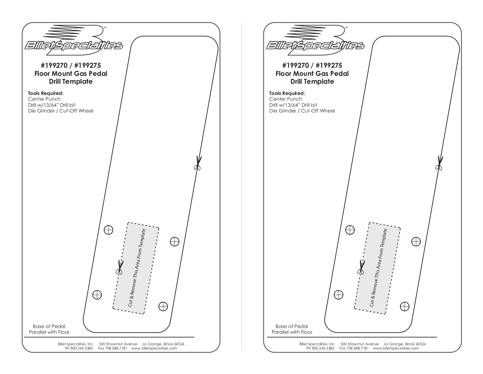 Billet Specialties Floor Mount Gas Pedal Drill Template 199270 User Manual