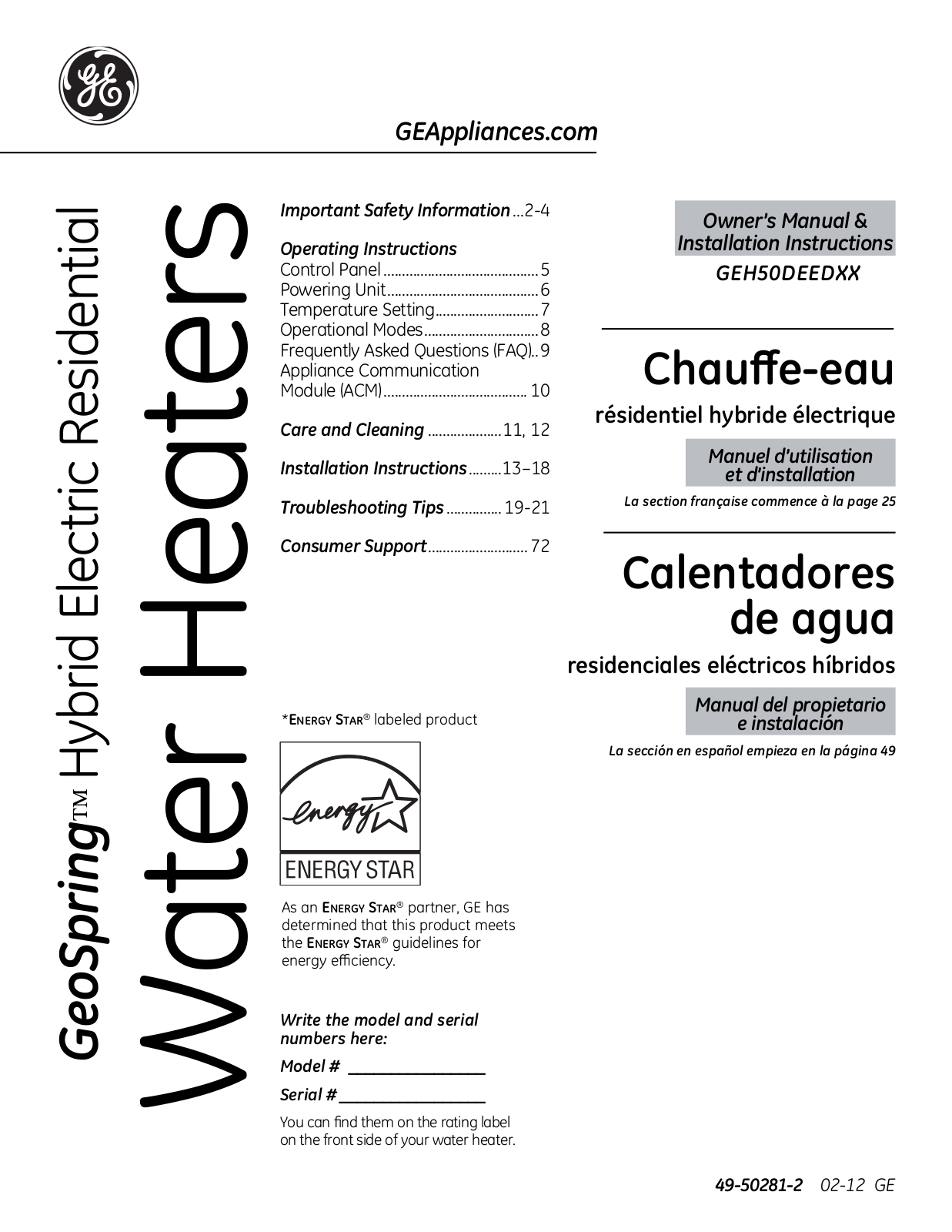 GE GEH50DEEDXX User Manual