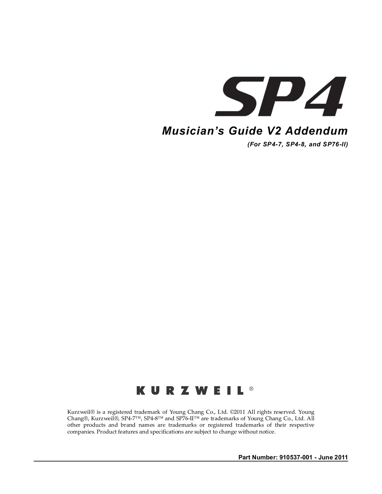 Kurzweil SP76-II, SP4 Series, SP4-7, SP4-8 Musician's Manual Addendum