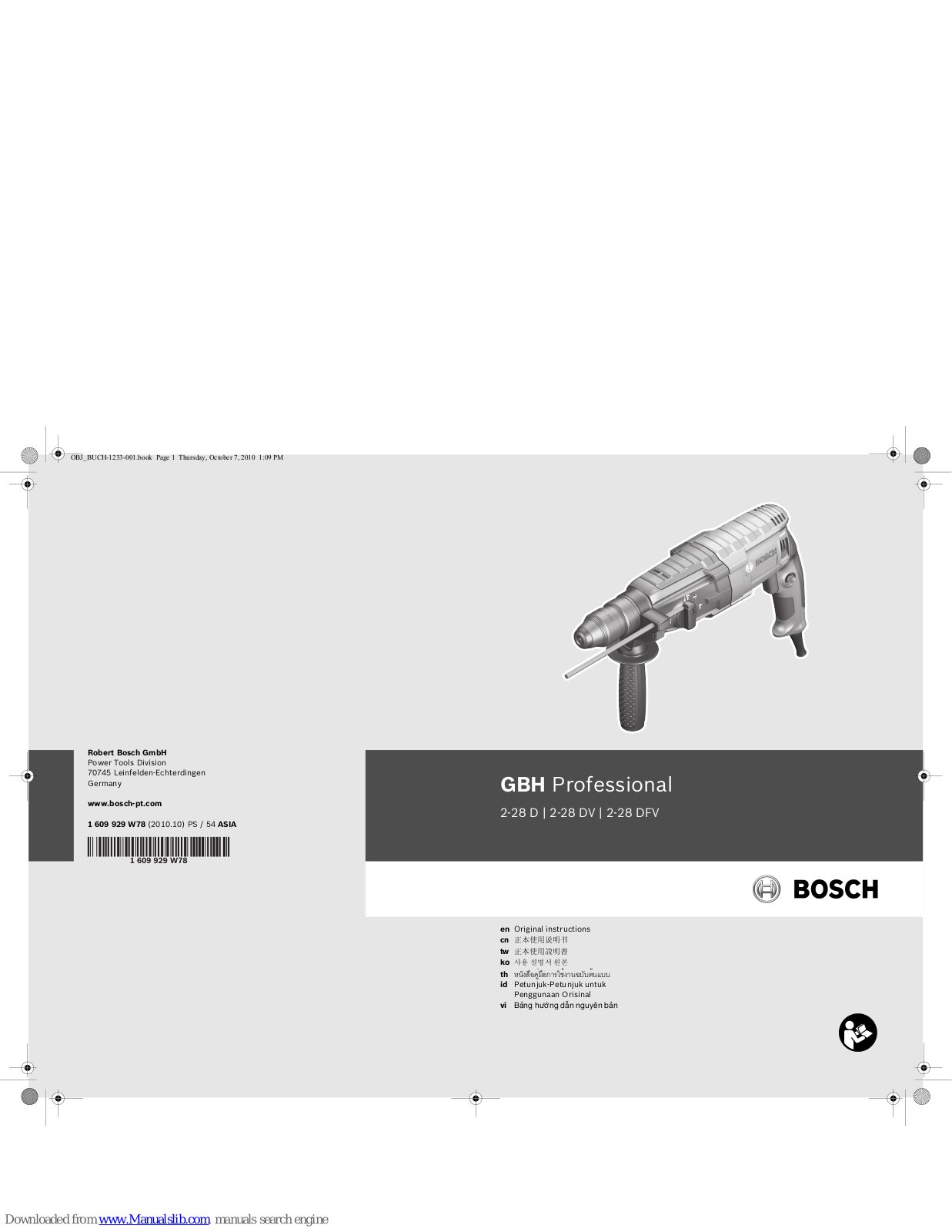 Bosch GBH Professional 2-28 D, GBH Professional 2-28 DV, GBH Professional 2-28 DFV Original Instruction