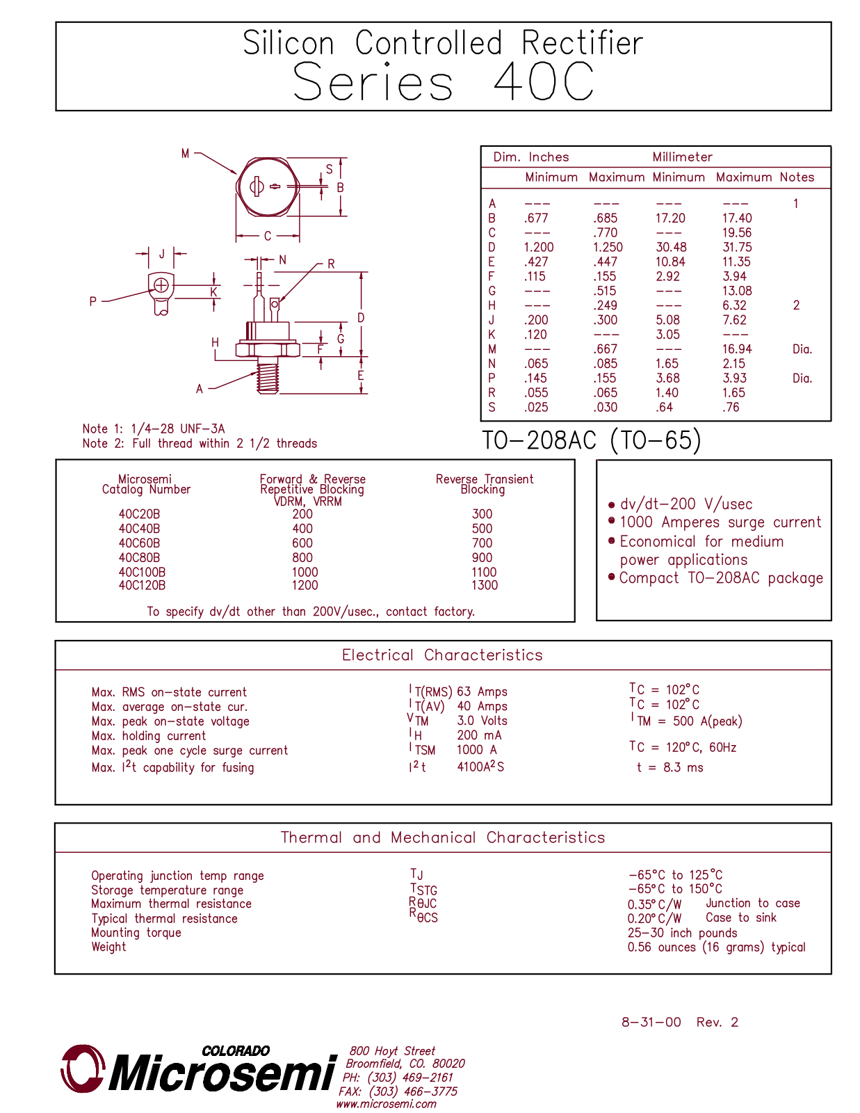 Microsemi Corporation 40C80B, 40C60B, 40C40B, 40C20B, 40C120B Datasheet