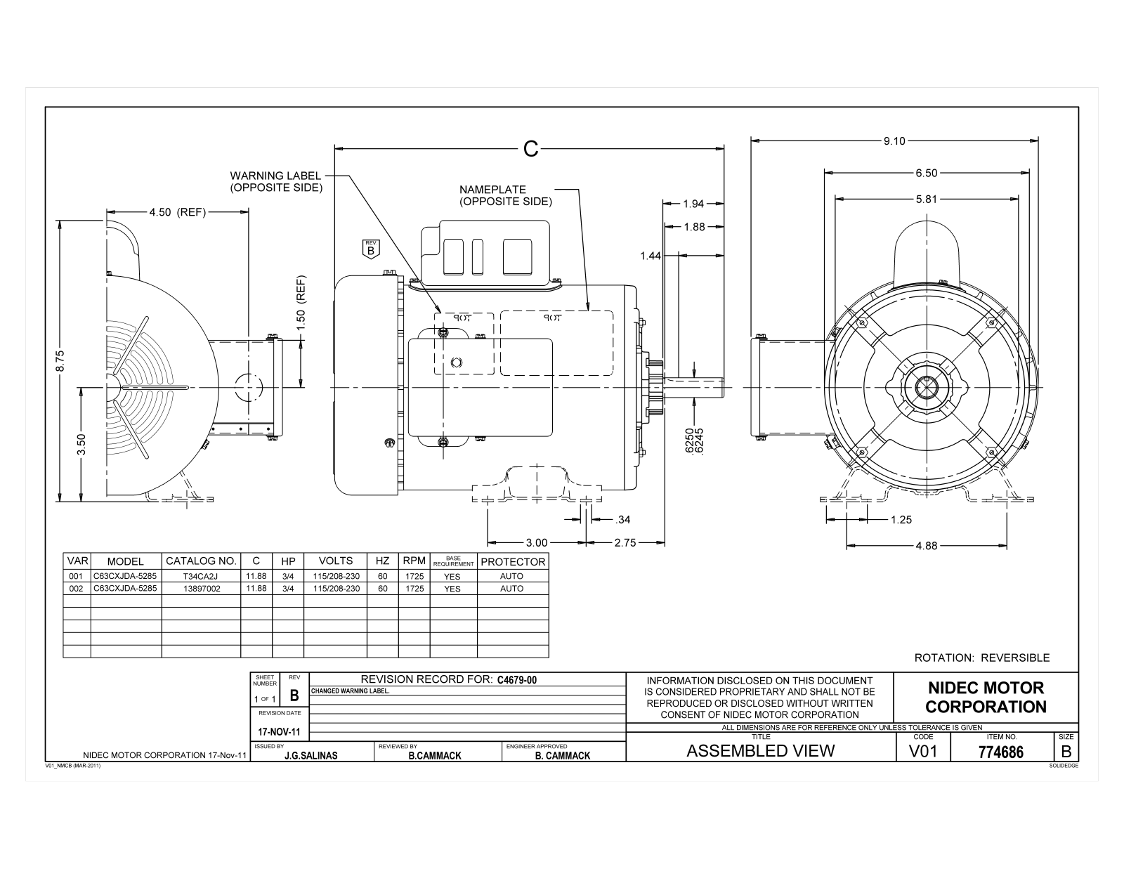 US Motors T34CA2J Dimensional Sheet