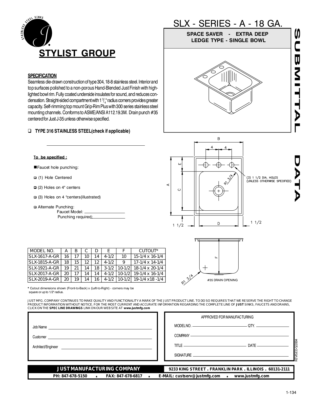 Just Manufacturing SLX-2019-A-GR, SLX-2017-A-GR, SLX-1921-A-GR, SLX-1617-A-GR, SLX-1815-A-GR User Manual