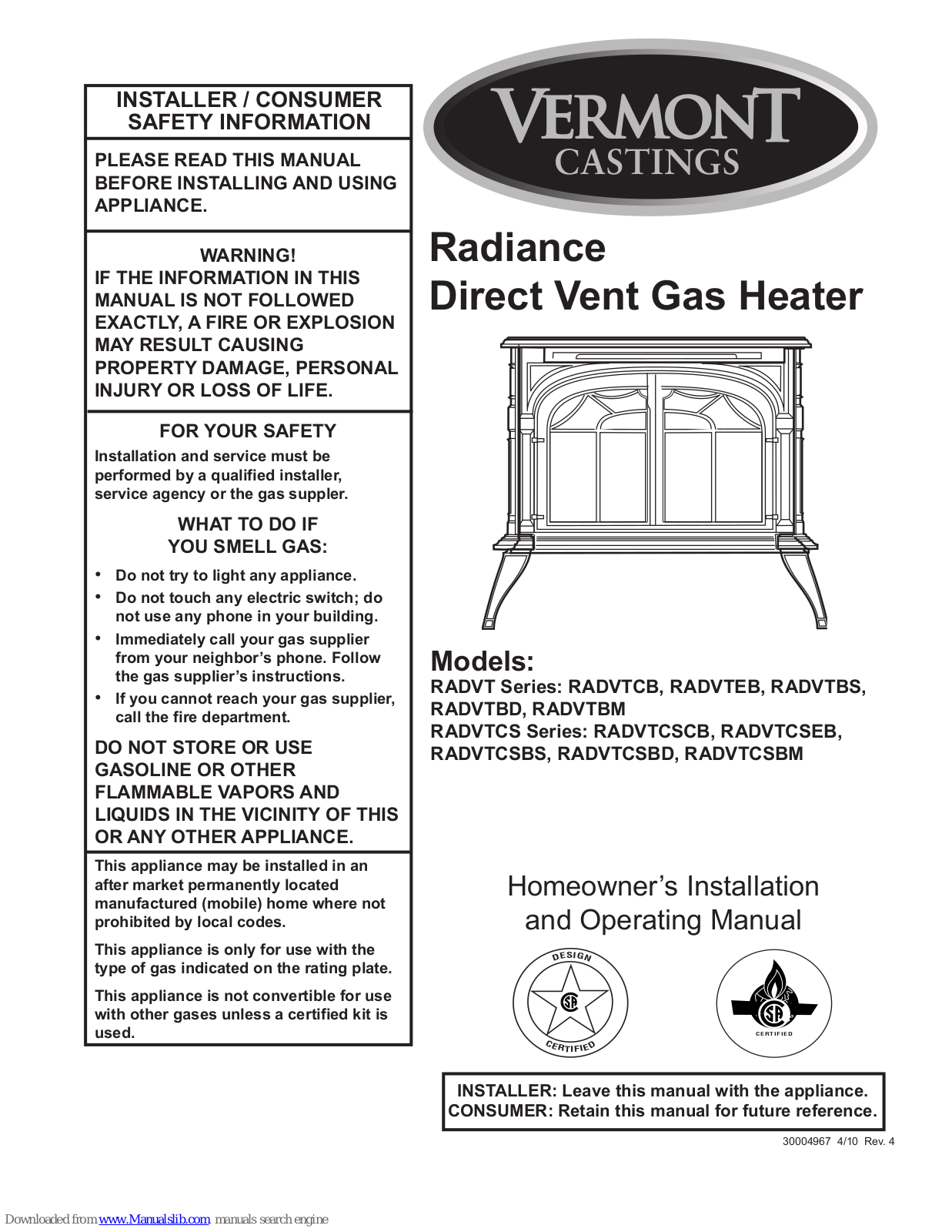 Vermont Castings RADVTBD, RADVTCSCB, RADVTEB, RADVTBS, RADVTCSEB Homeowner's Installation And Operating Manual