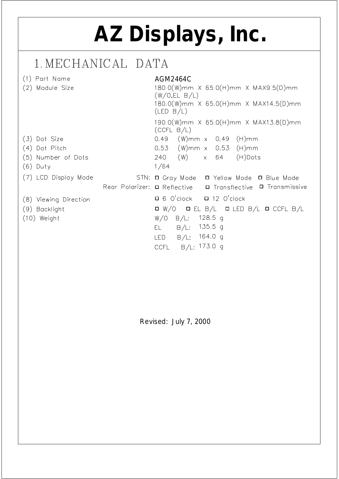 AZDIS AGM2464C-RL-YTW-T, AGM2464C-RL-YTS-T, AGM2464C-RL-YTH-T, AGM2464C-RL-YTD-T, AGM2464C-RL-YBW-T Datasheet