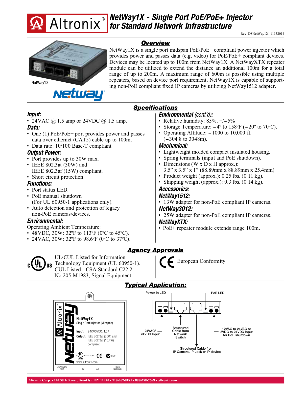 Altronix NETWAY1X, NETWAY1XP Specsheet