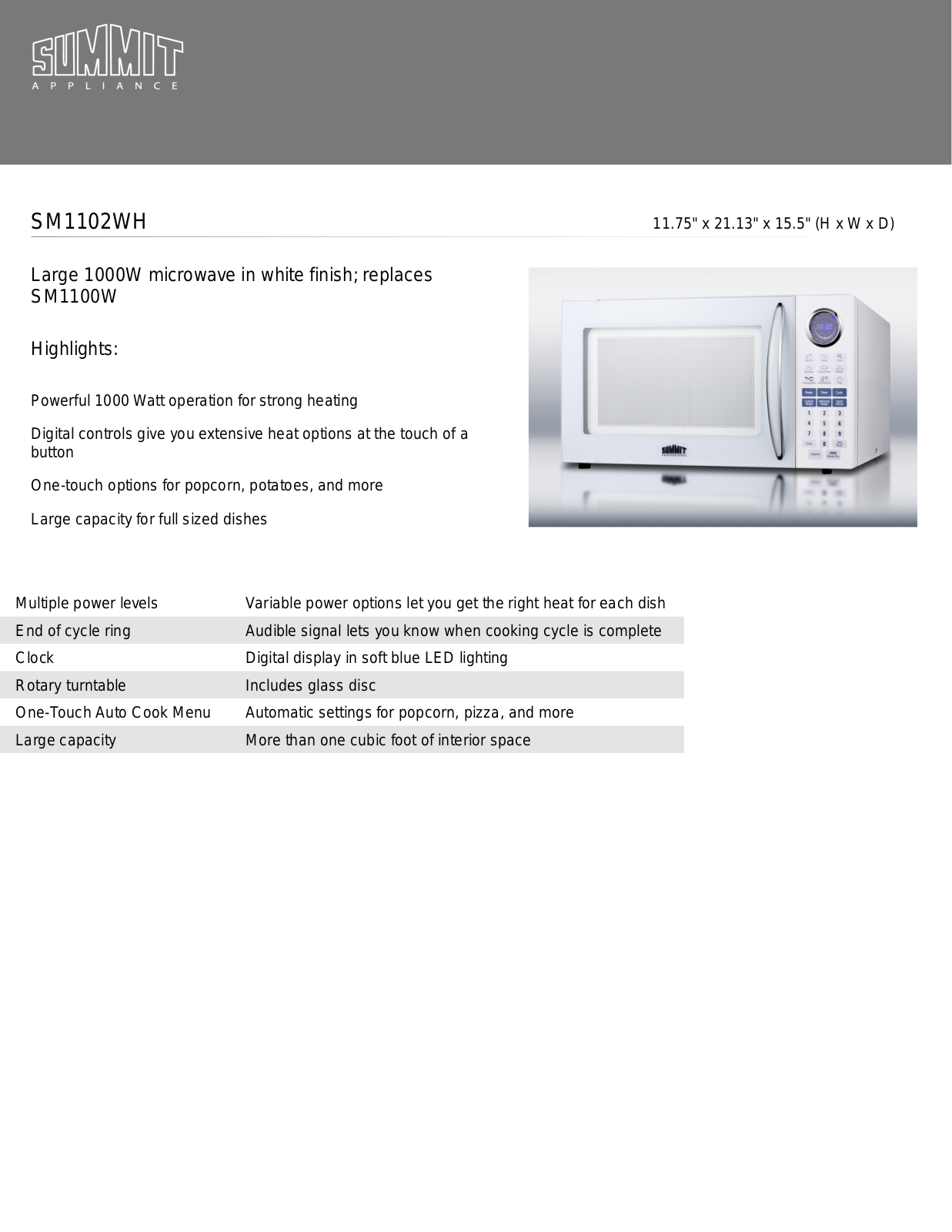 Summit SM1102WH Specifications - ManualMachine.com