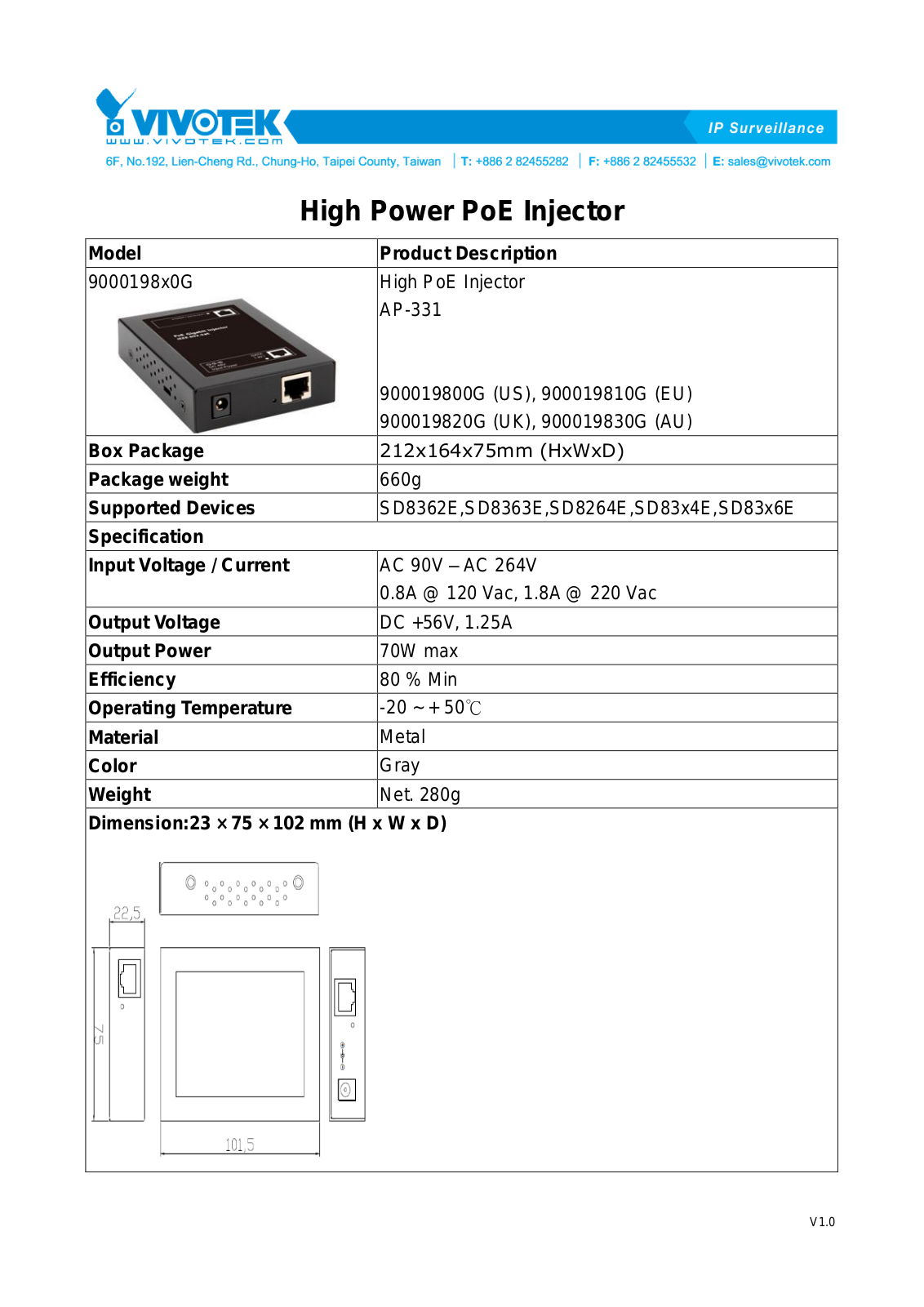 Vivotek AP-331 Specsheet