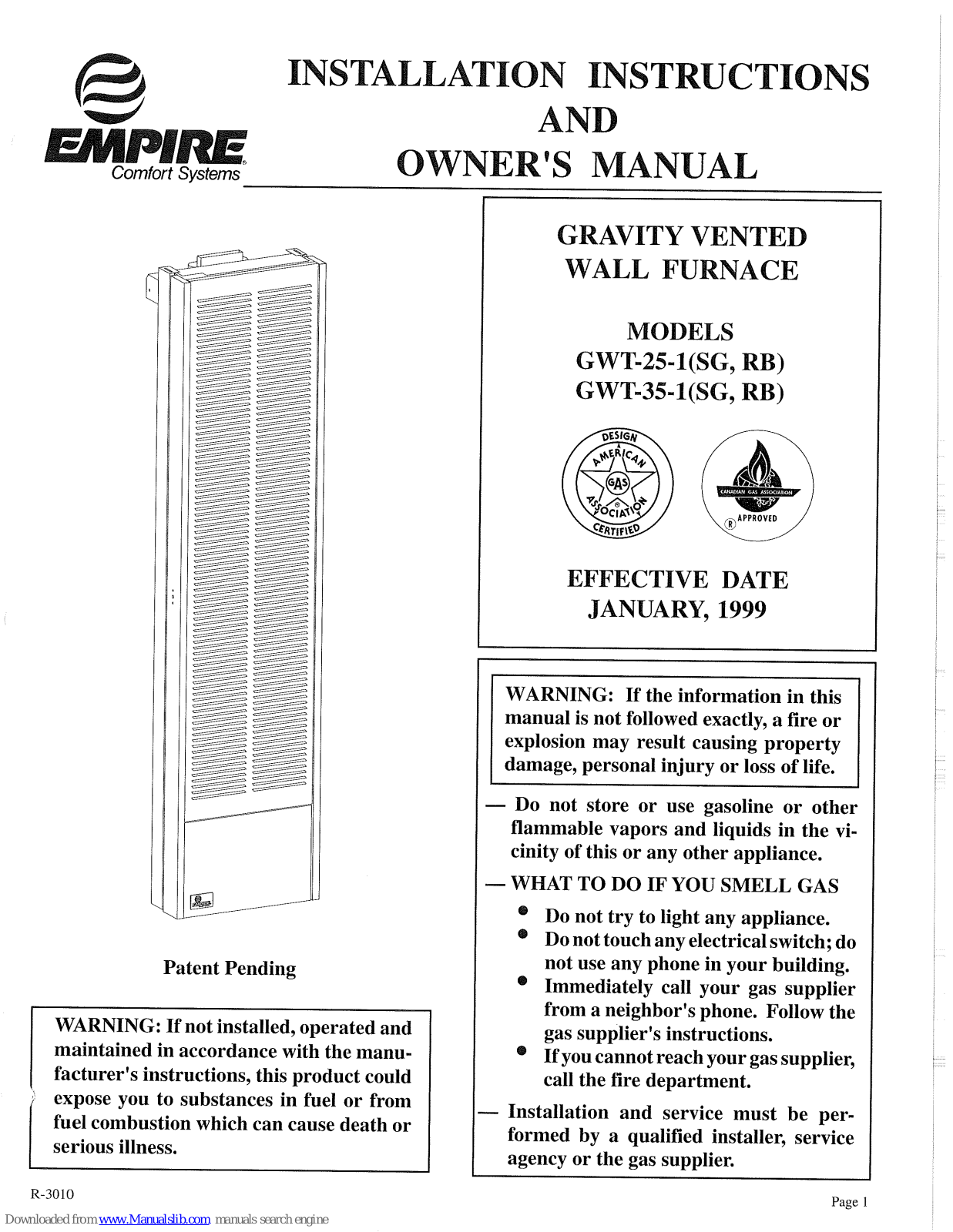 Empire Comfort Systems GWT-25-1SG, GWT-35-1SG, GWT-25-1RB, GWT-35-1RB Installation Instructions And Owner's Manual