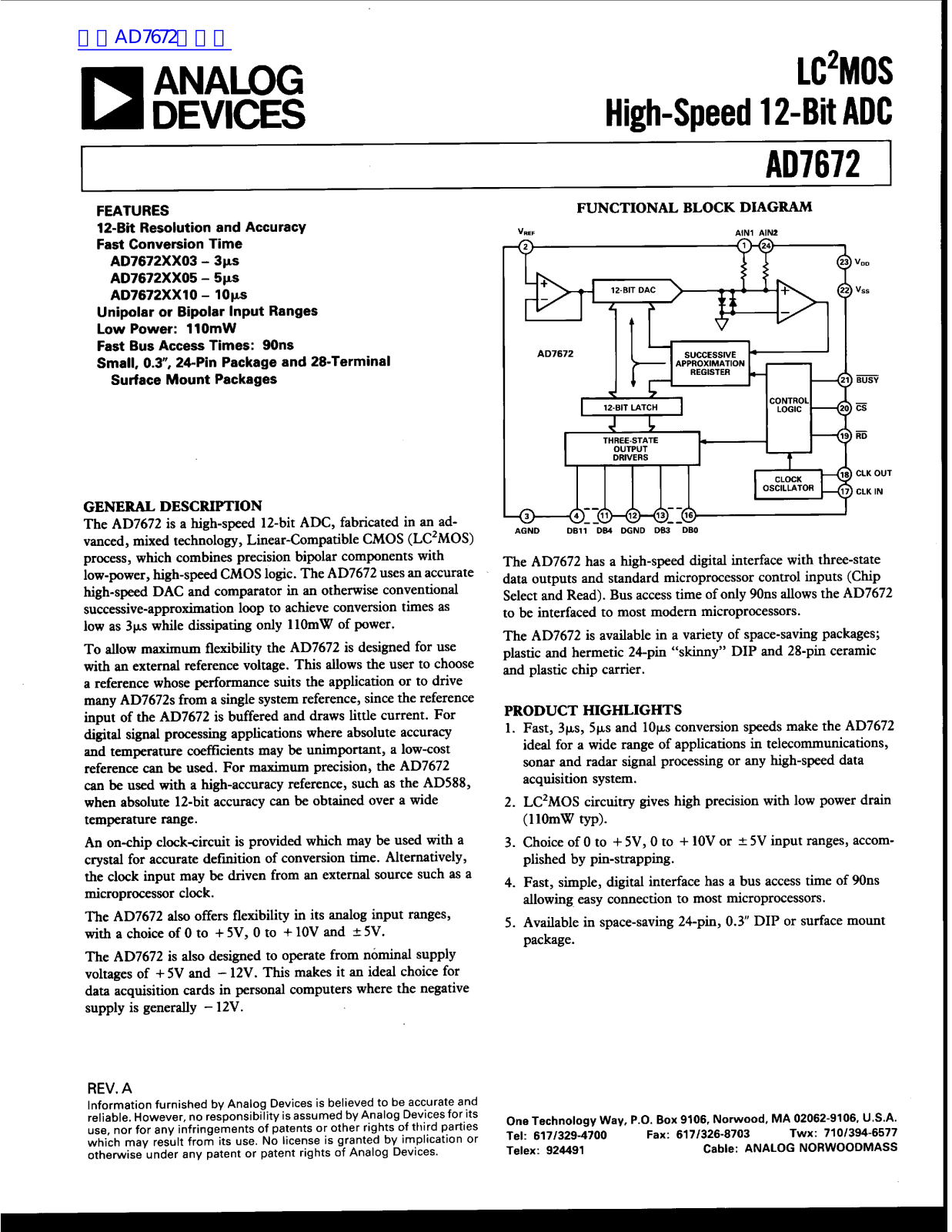 ANALOG DEVICES AD7672 Service Manual