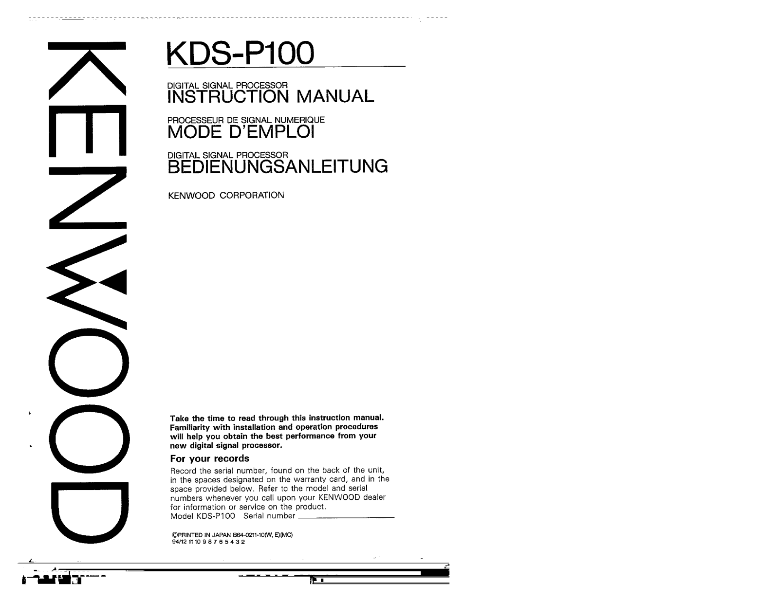 Kenwood KDS-P100 Owner's Manual