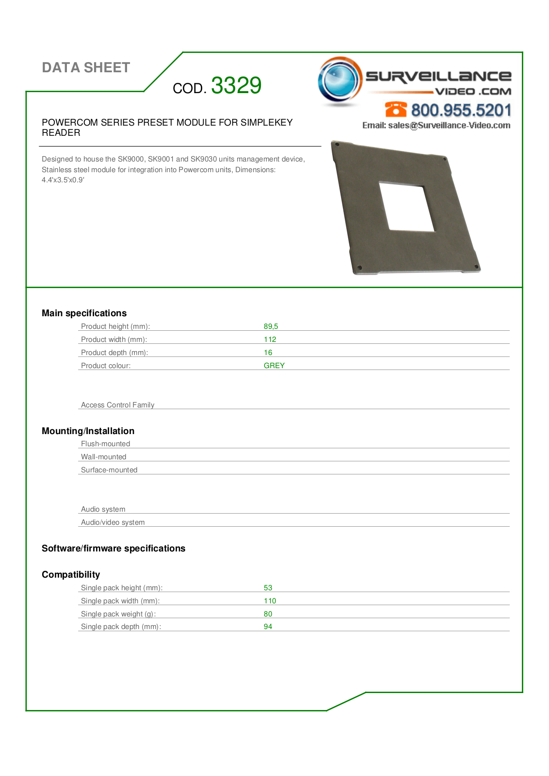 Comelit 3329 Specsheet