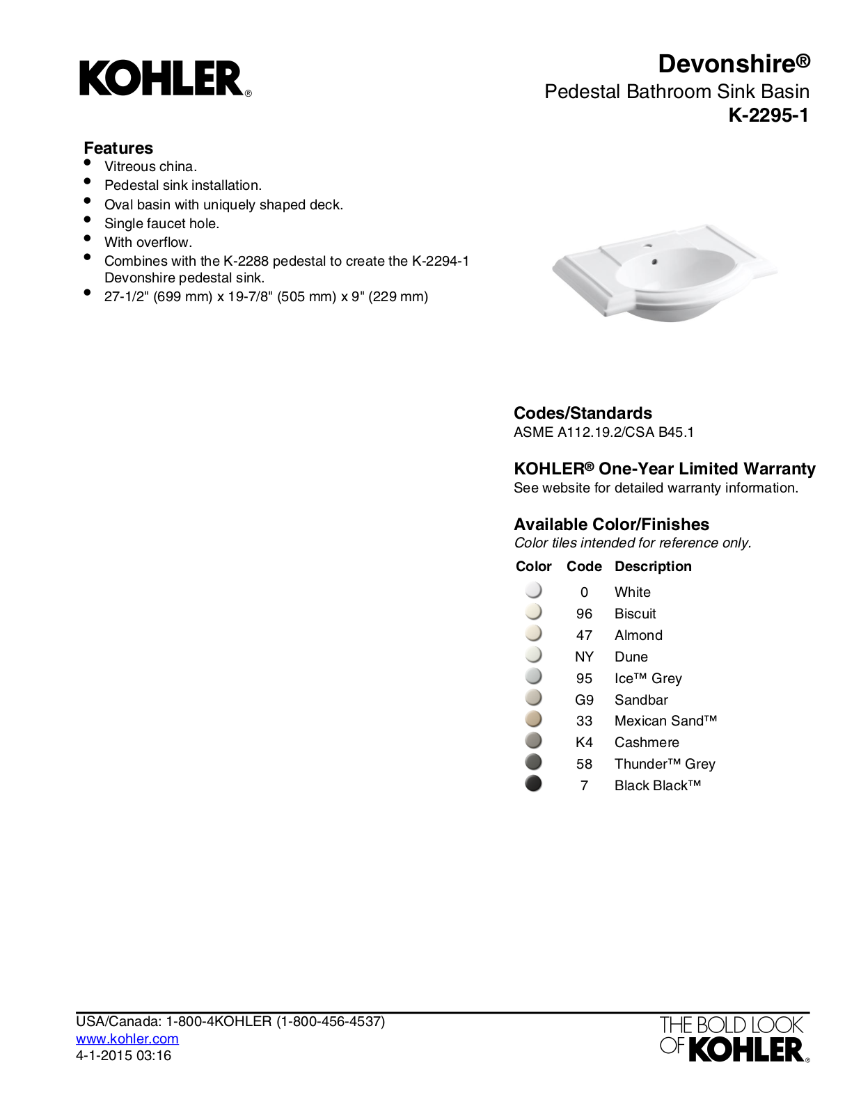 Kohler KOH18206 Specifications - ManualMachine.com