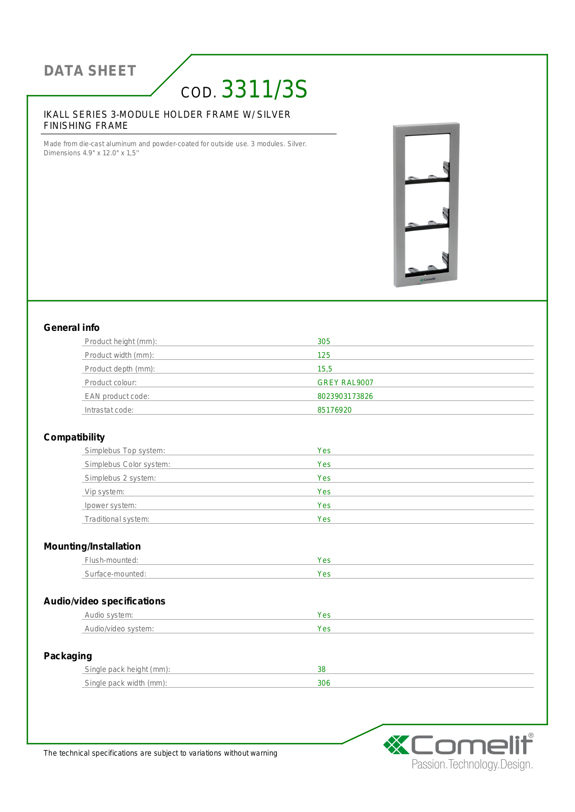 Comelit 3311-3S Specsheet