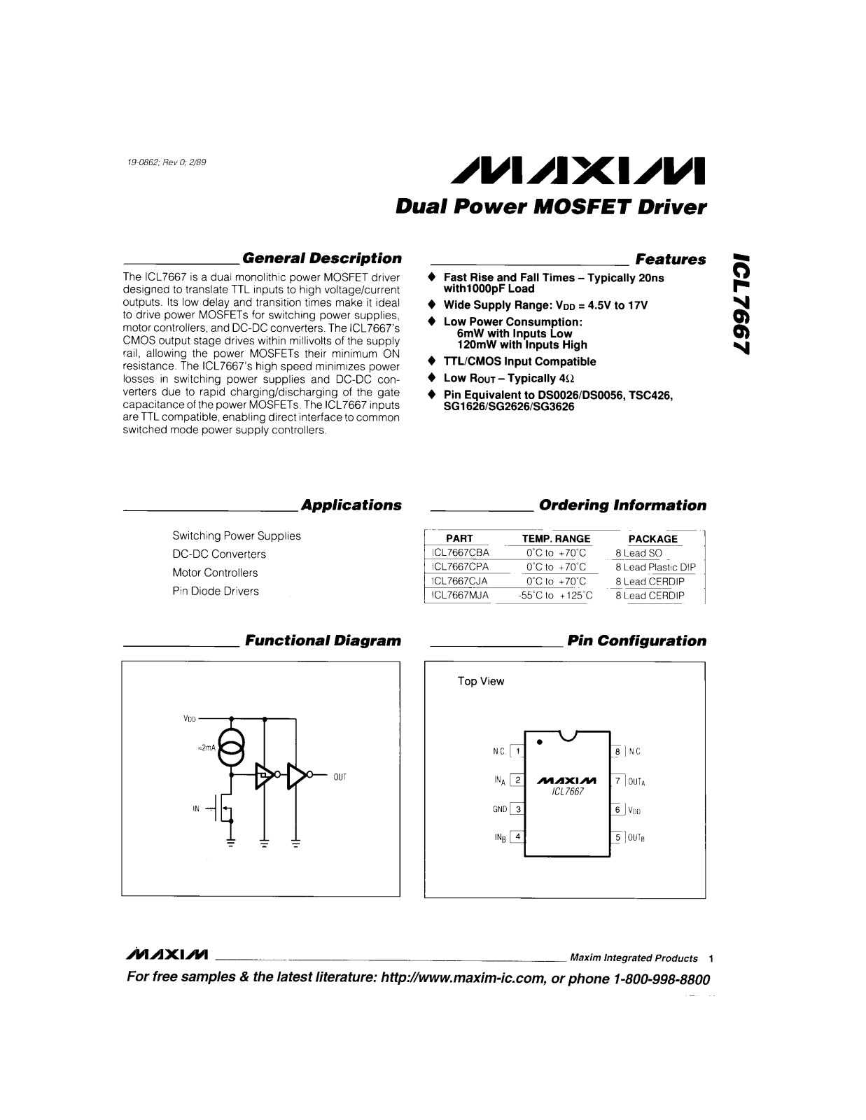 Maxim Integrated Producs ICL7667CBA, ICL7667CJA, ICL7667CPA, ICL7667MJA Datasheet