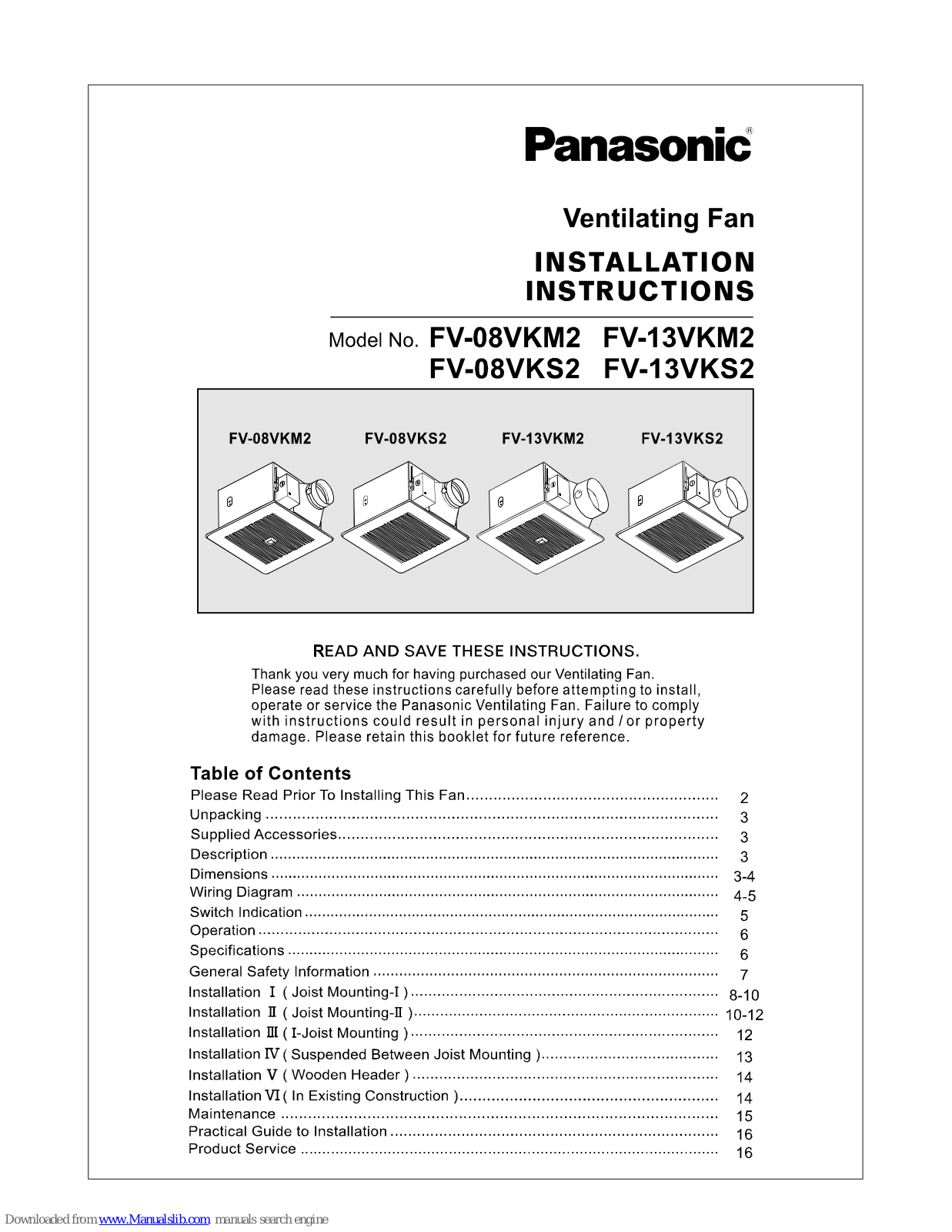 Panasonic WhisperGreen FV-08VKM2, FV-13VKM2, FV-13VKS2, WhisperGreen FV-08VKS2, WhisperGreen FV-13VKM2 Installation Instructions Manual